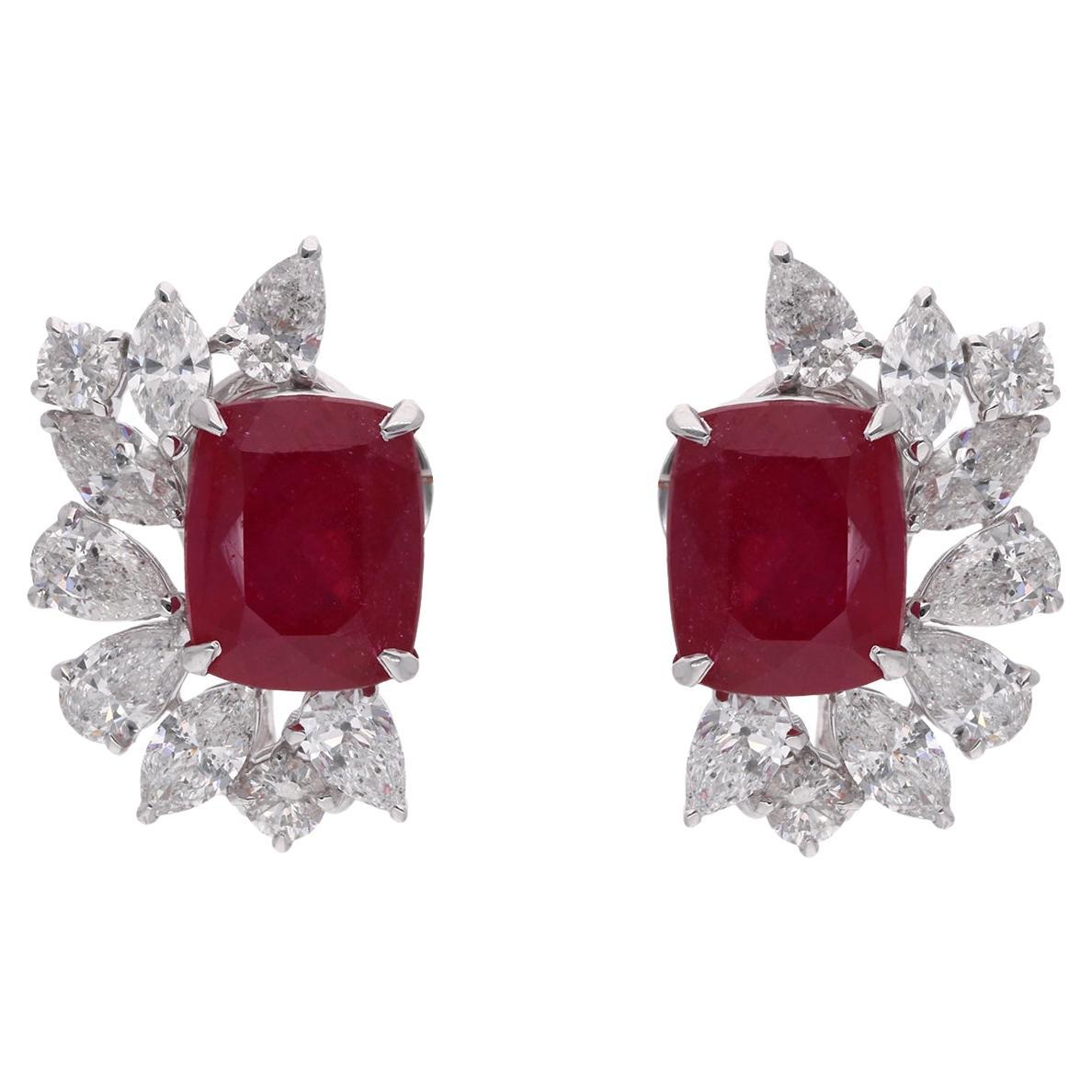 Red Gemstone Stud Earrings Diamond 18 Karat White Gold Handmade Fine Jewelry