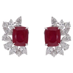 Red Gemstone Stud Earrings Diamond 18 Karat White Gold Handmade Fine Jewelry