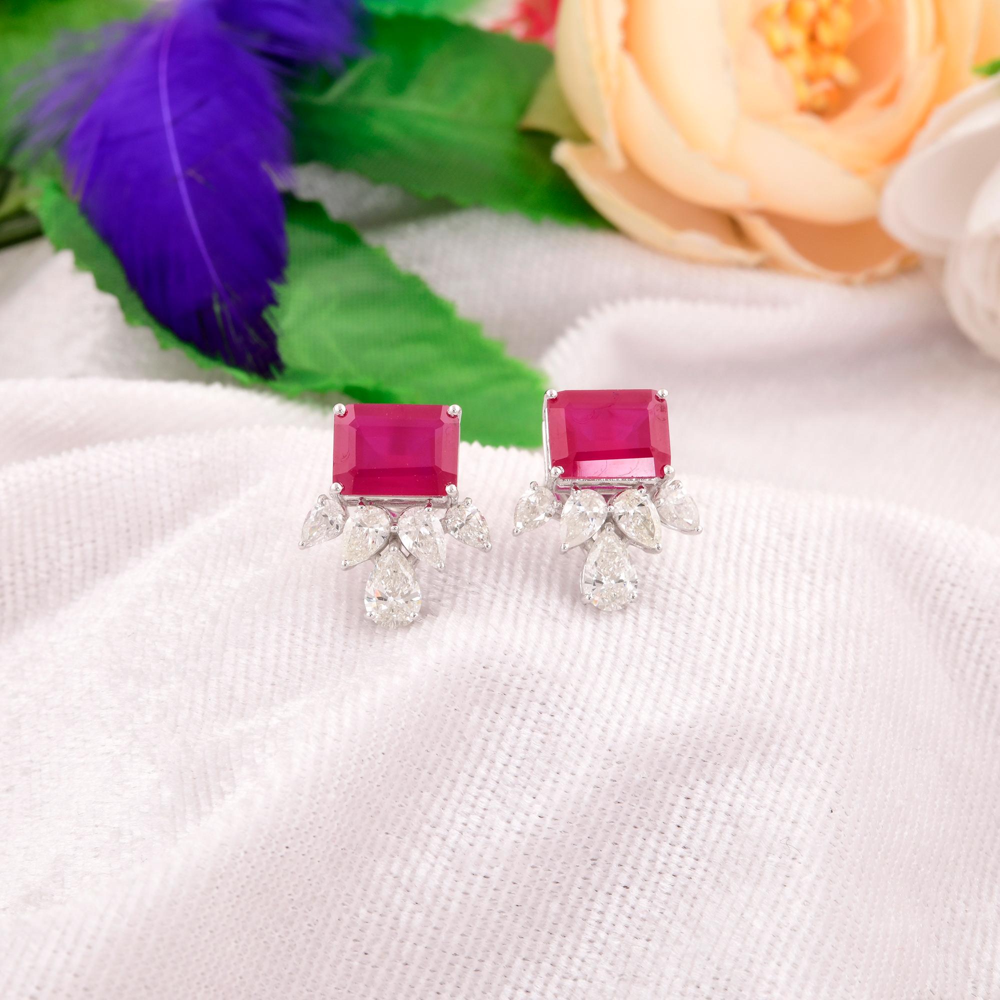 Pear Cut Red Gemstone Stud Earrings Pear Diamond 14 Karat White Gold Handmade Jewelry For Sale