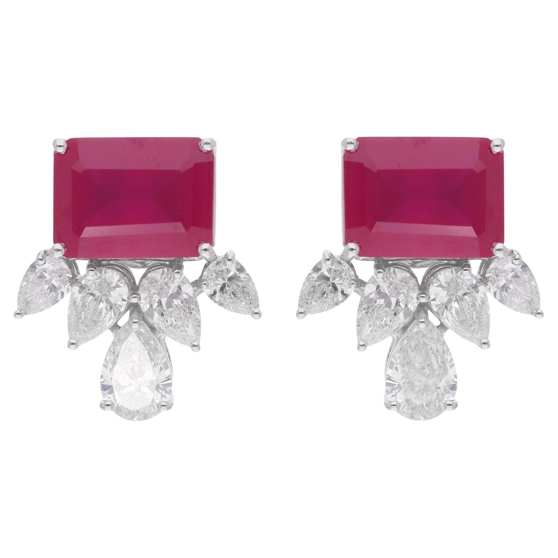 Red Gemstone Stud Earrings Pear Diamond 14 Karat White Gold Handmade Jewelry