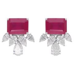 Red Gemstone Stud Earrings Pear Diamond 18 Karat White Gold Handmade Jewelry