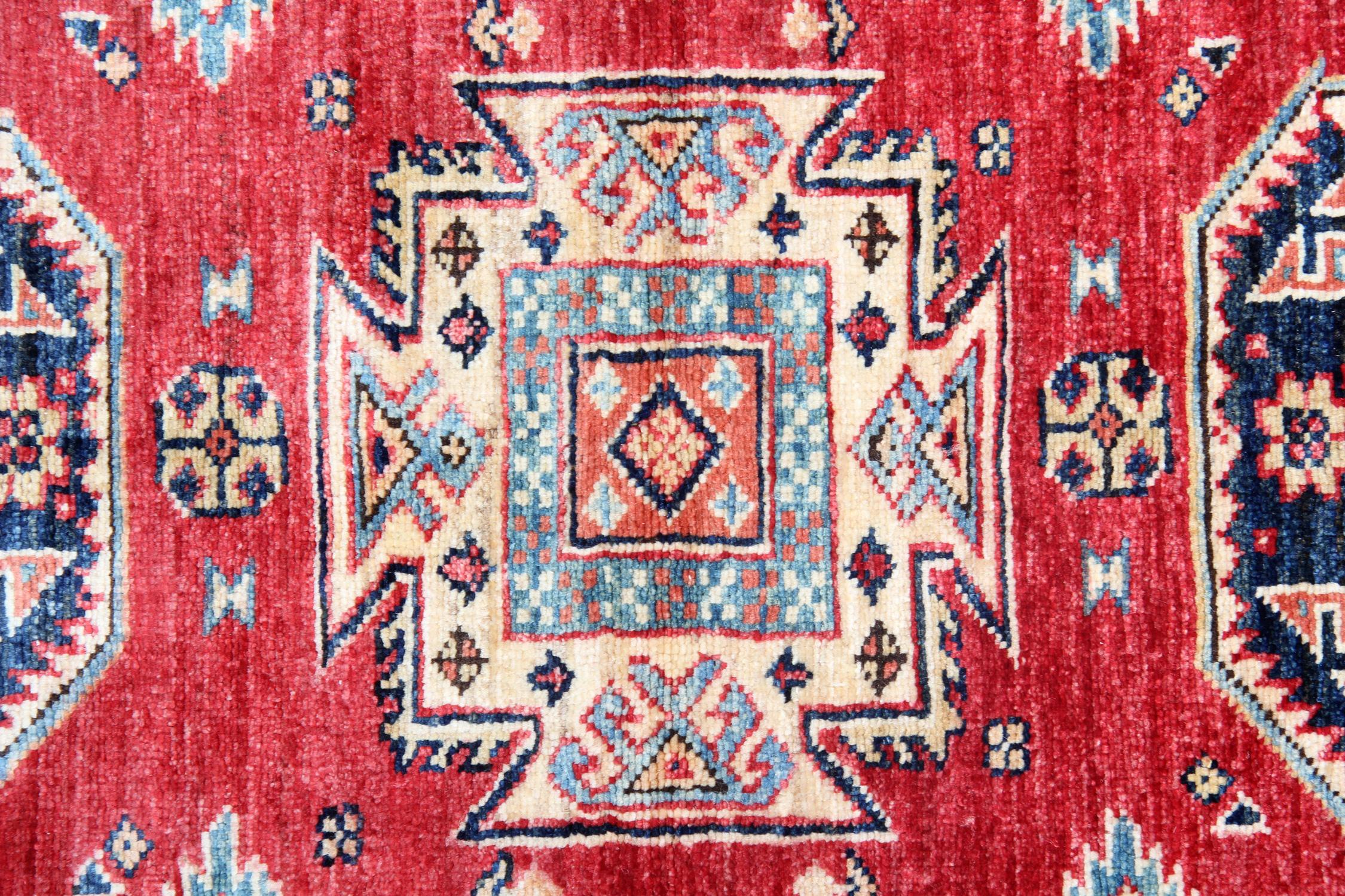 Kazak Red Geometric Rugs, Oriental Handmade Carpet Rustic Rugs Doormat For Sale