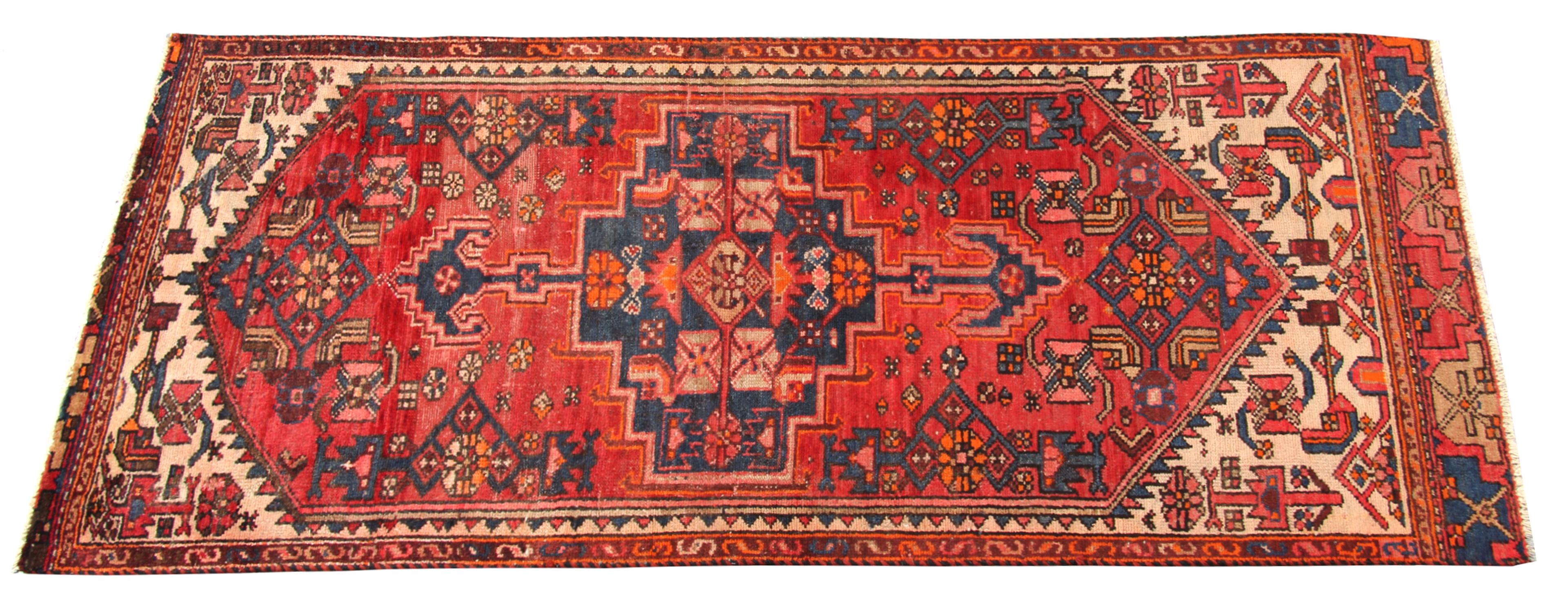Azerbaijani Red Geometric Runner Rug Long Handwoven Oriental Wool Carpet For Sale