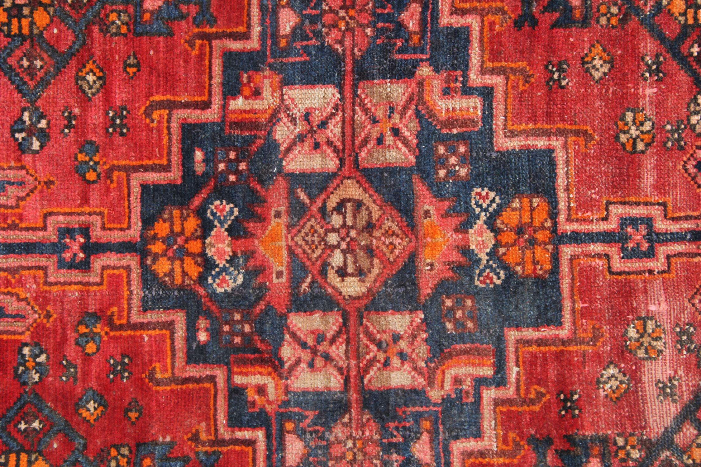 Hand-Knotted Red Geometric Runner Rug Long Handwoven Oriental Wool Carpet For Sale