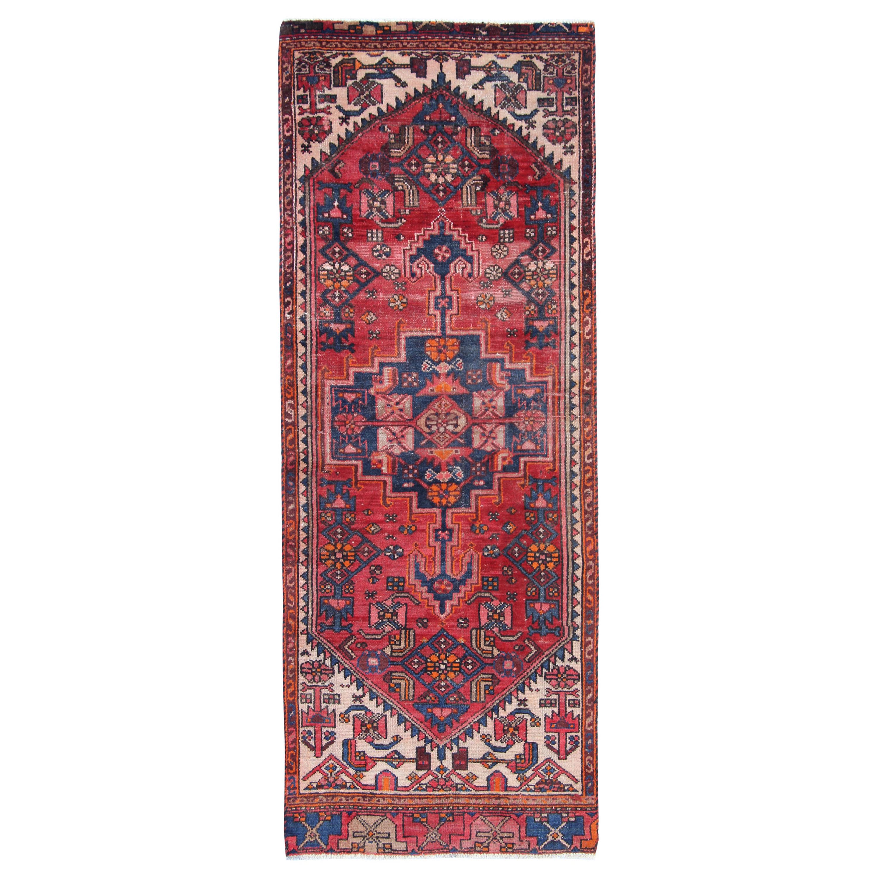 Red Geometric Runner Rug Long Handwoven Oriental Wool Carpet For Sale