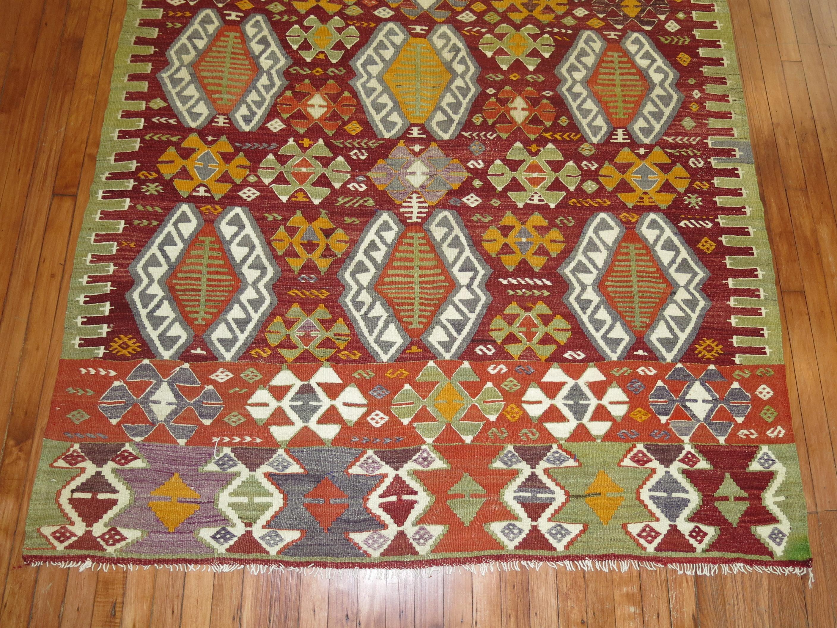 Hand-Knotted Red Geometric Turkish Kilim For Sale