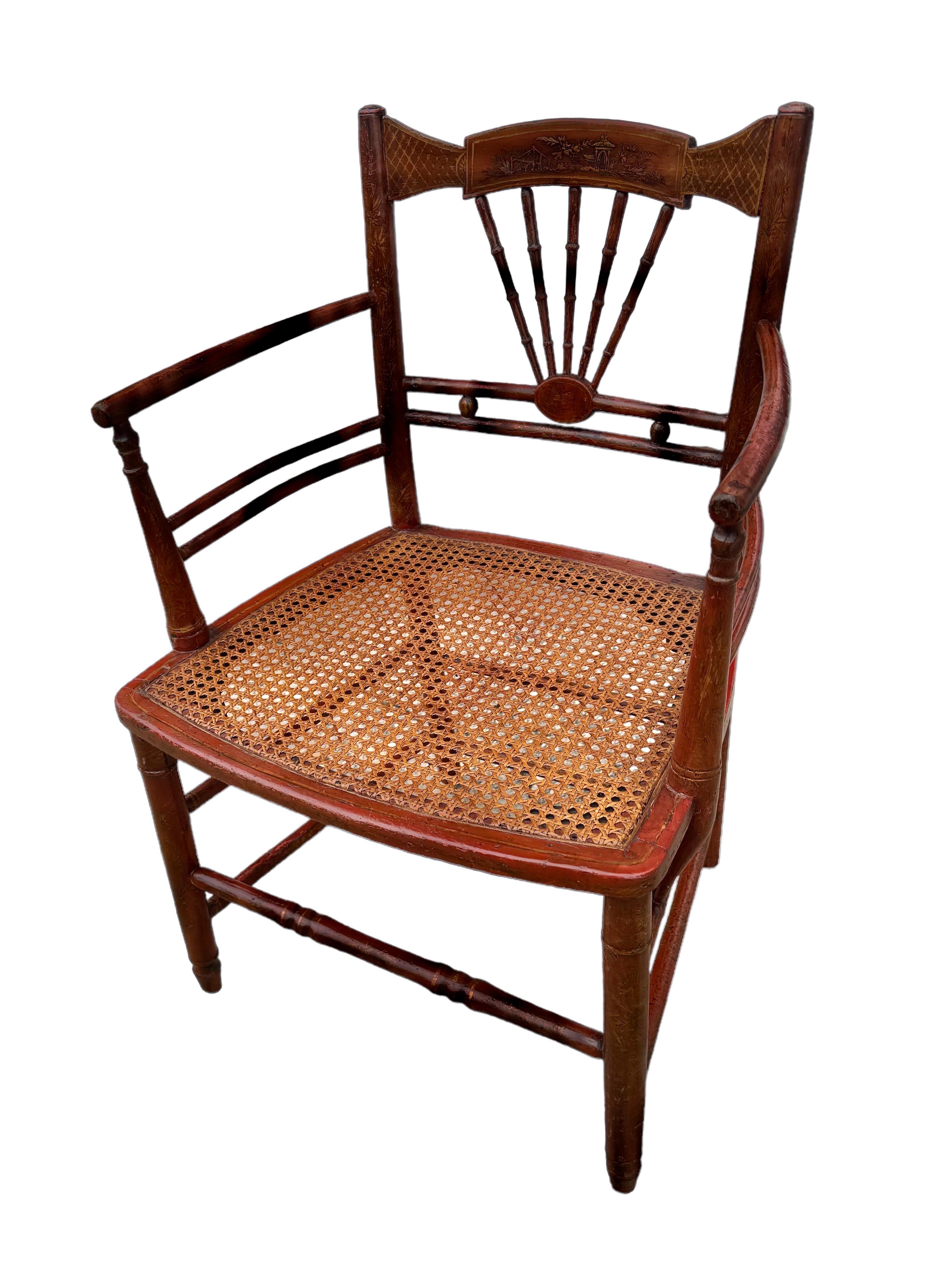 Sillón Chinoiserie Rojo y Dorado y Pintado Roble en venta