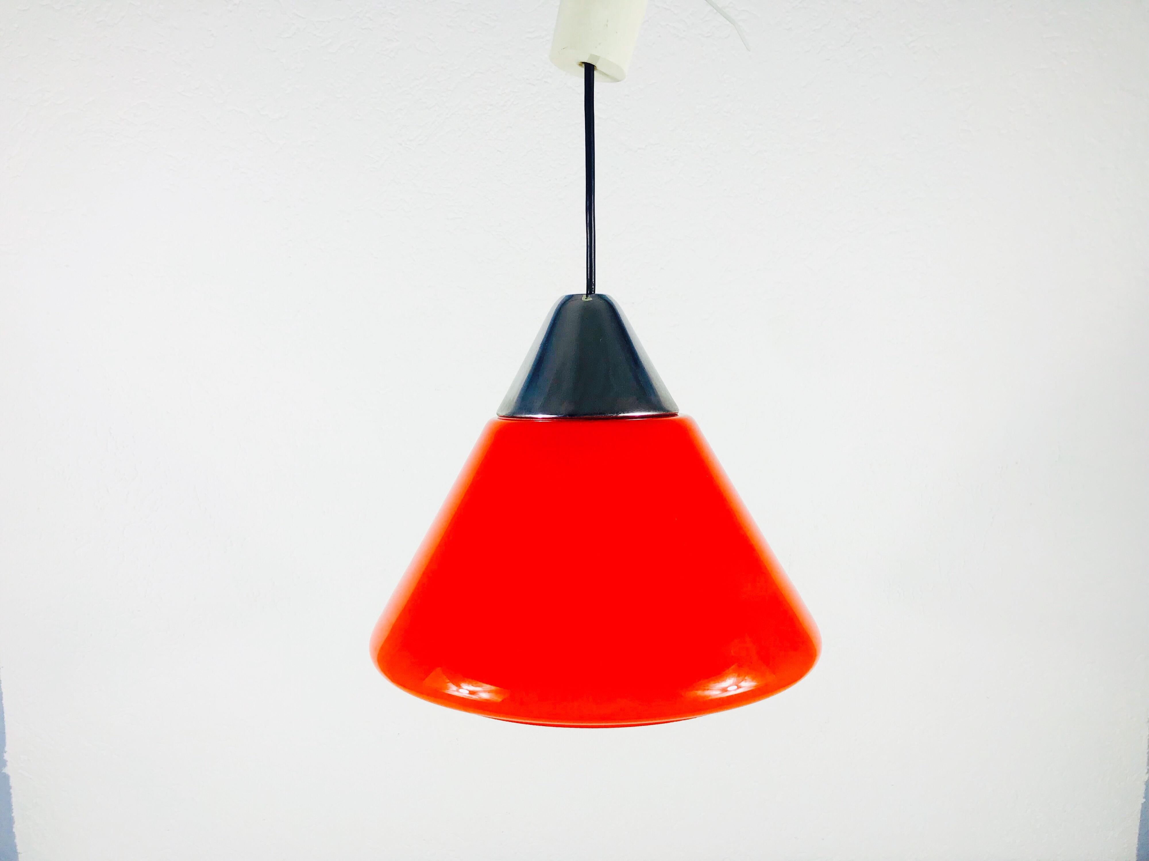 Mid-Century Modern Red Glass and Chrome Hanging Lamp by Peill and Putzler, 1970s, Germany For Sale