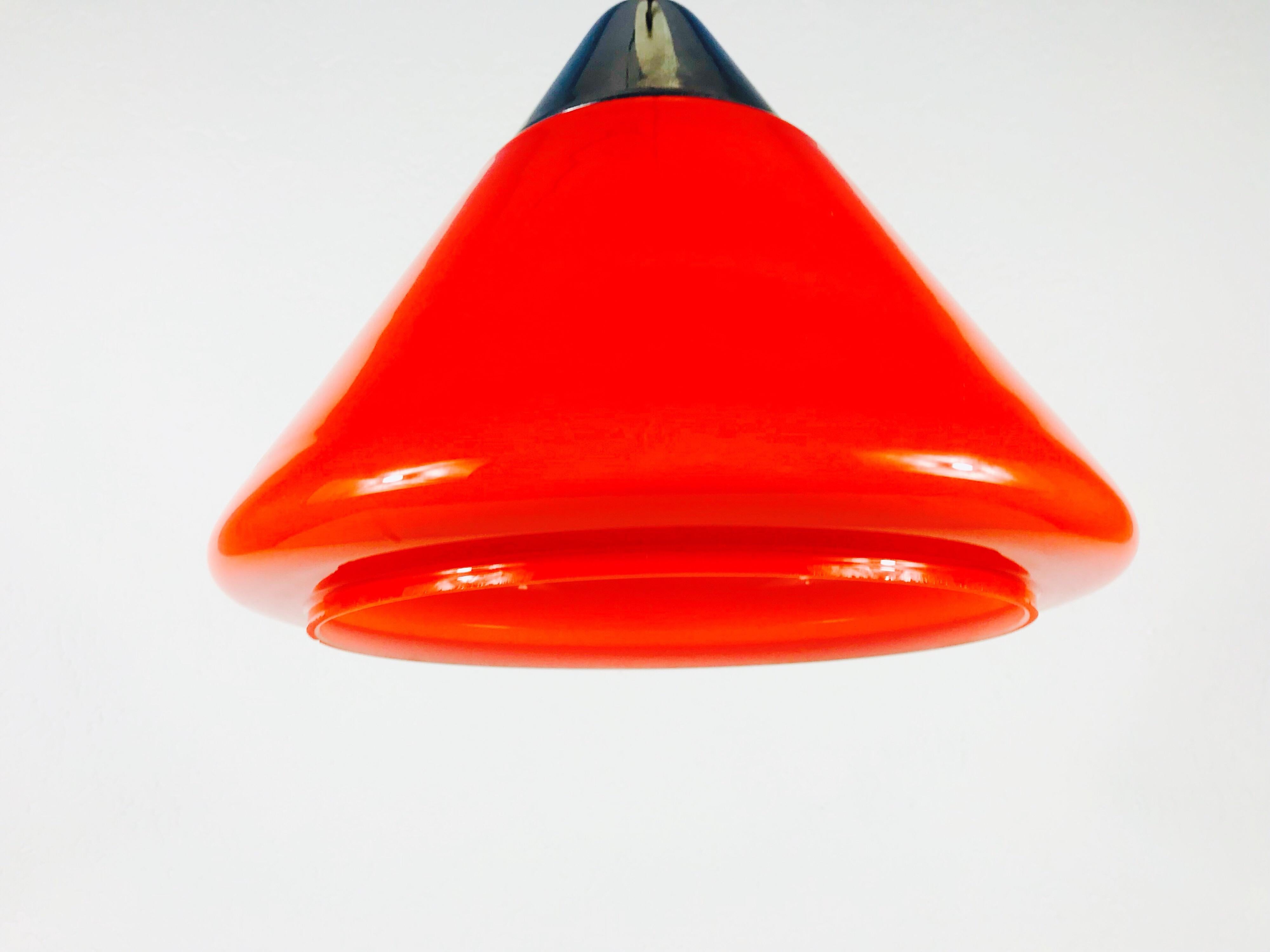 Red Glass and Chrome Hanging Lamp by Peill and Putzler, 1970s, Germany In Good Condition For Sale In Hagenbach, DE