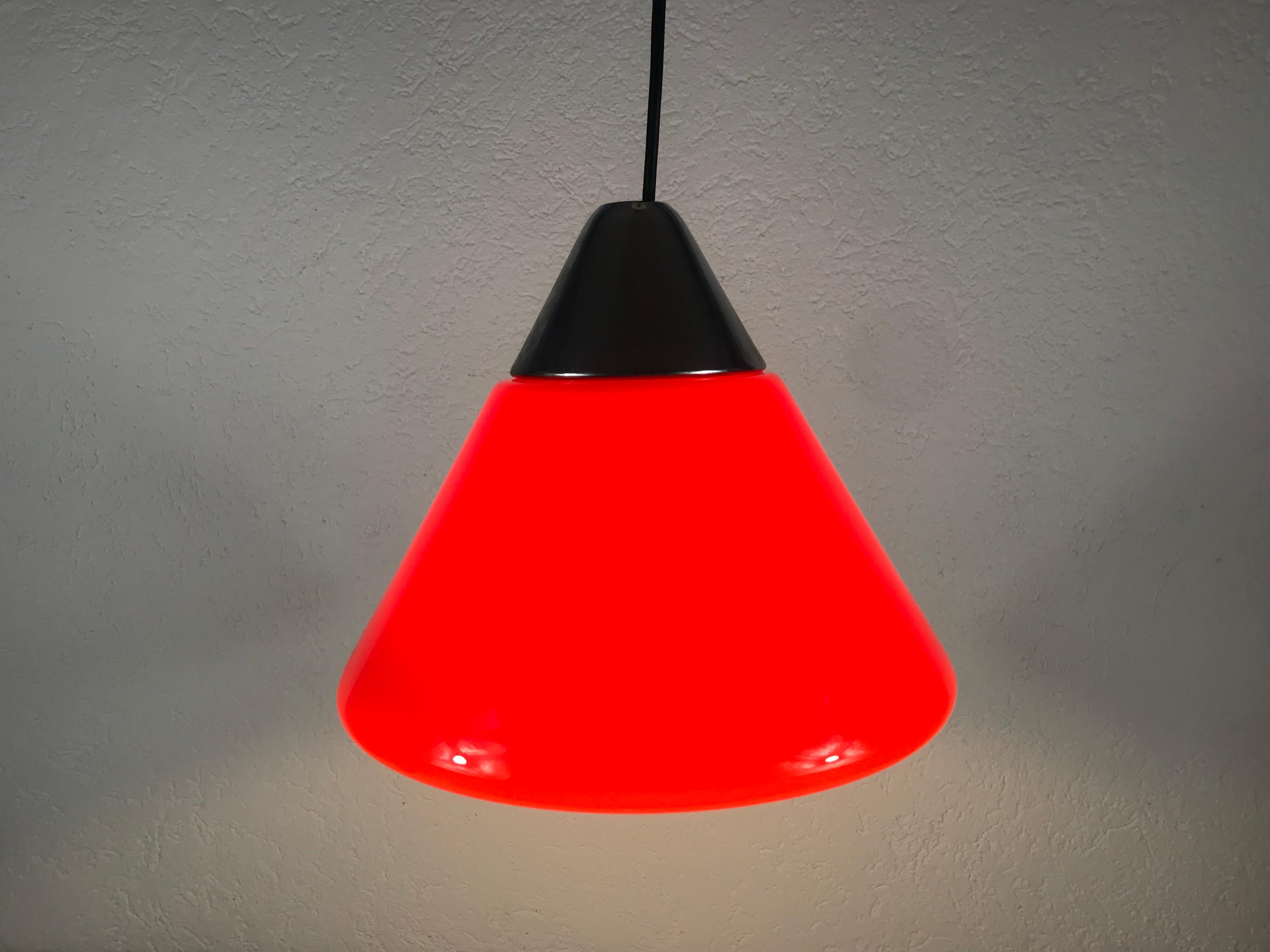 Aluminum Red Glass and Chrome Hanging Lamp by Peill and Putzler, 1970s, Germany For Sale