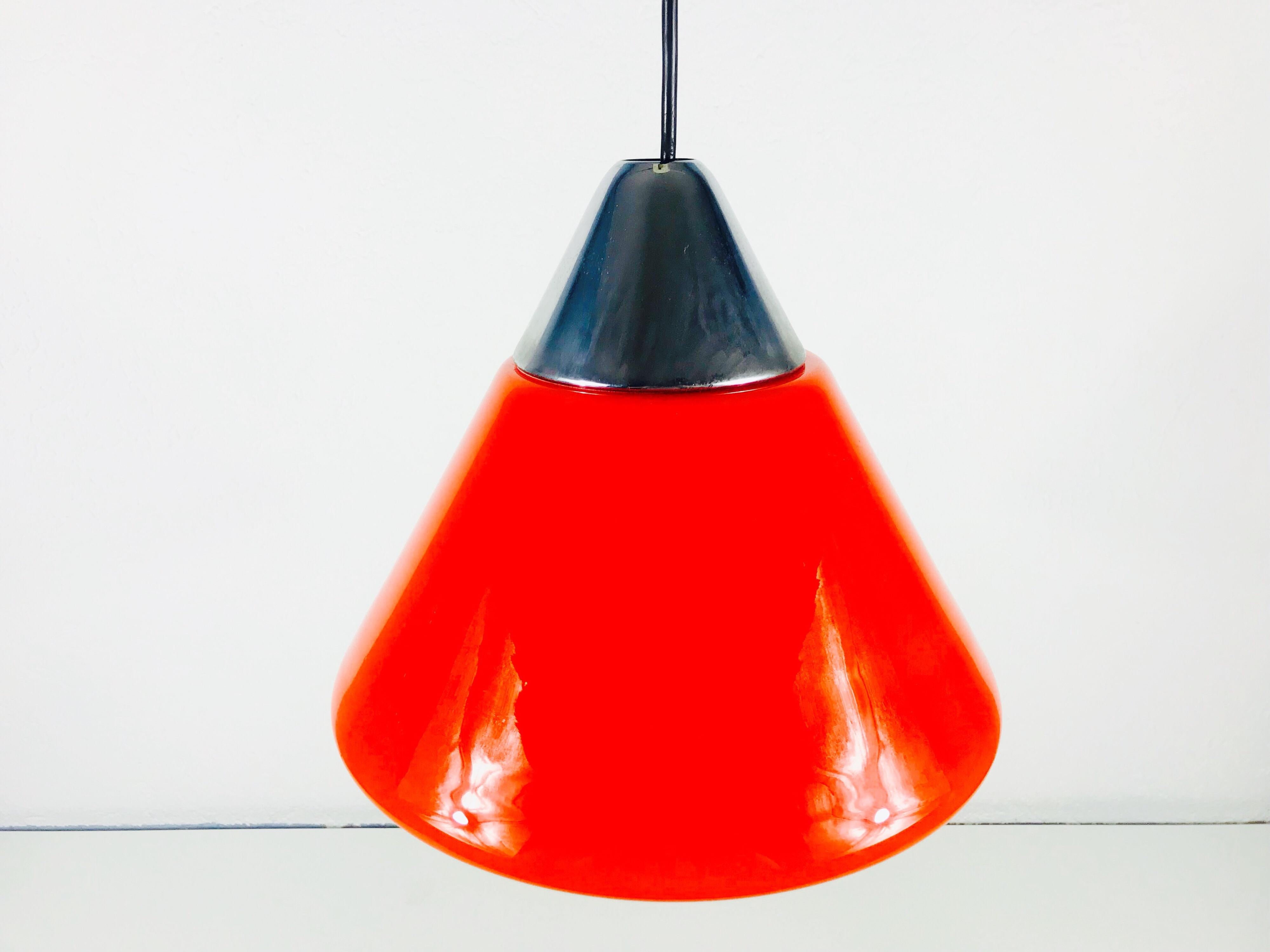 Red Glass and Chrome Hanging Lamp by Peill and Putzler, 1970s, Germany For Sale 1