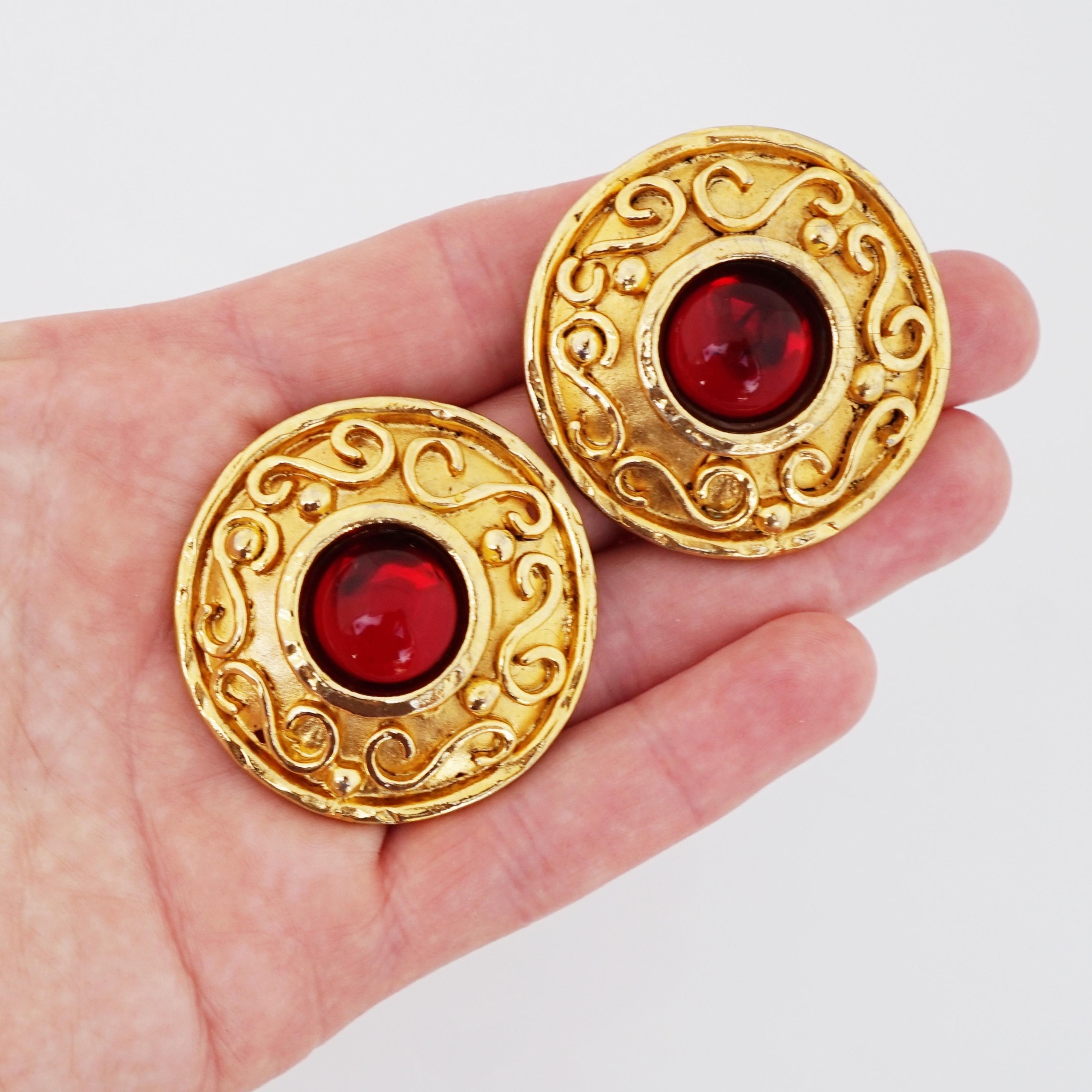 Women's Red Glass Cabochon Coin Statement Earrings By Edouard Rambaud, 1990s For Sale