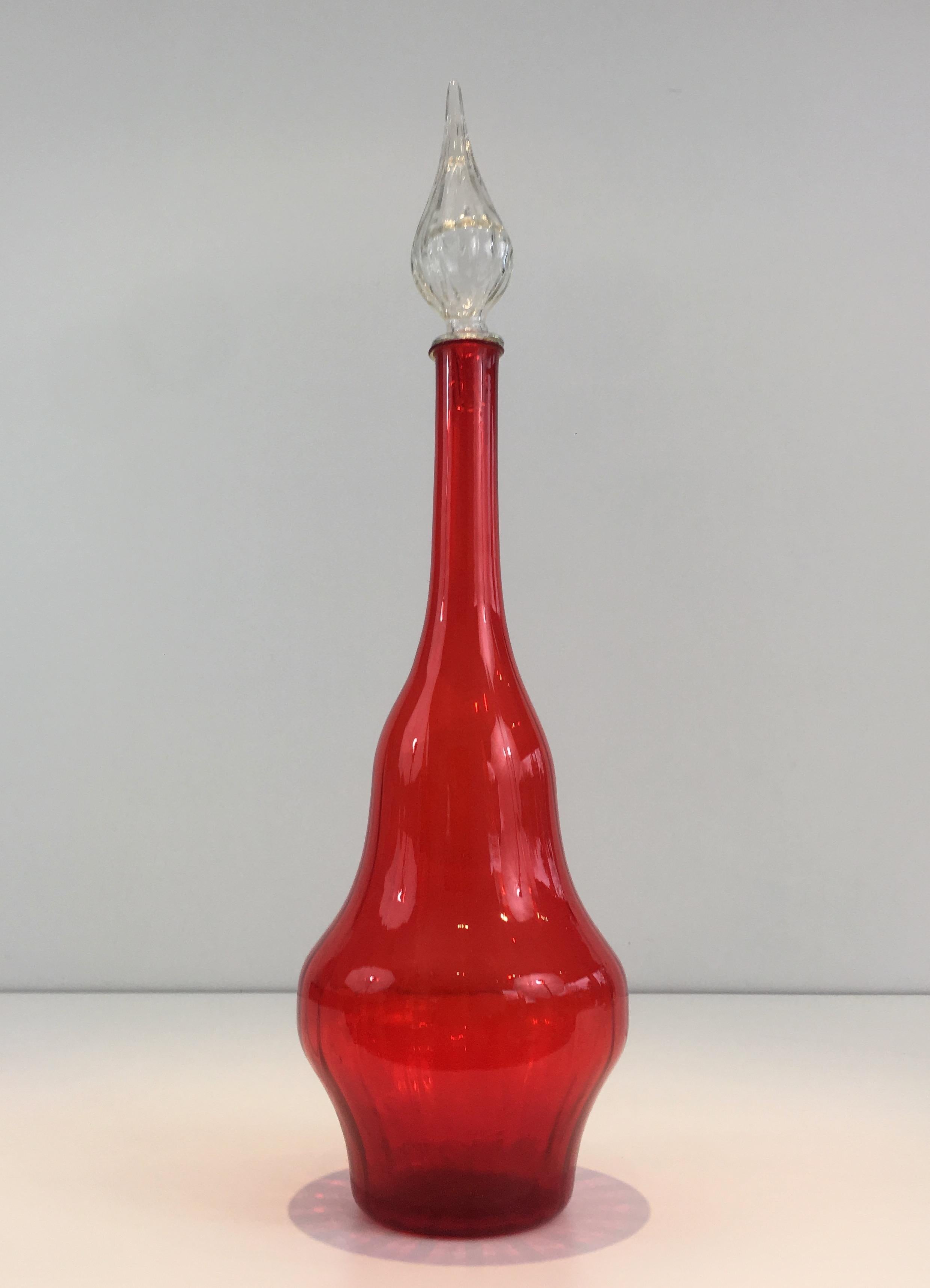 French Red Glass Design Bottle, Circa 1970 For Sale