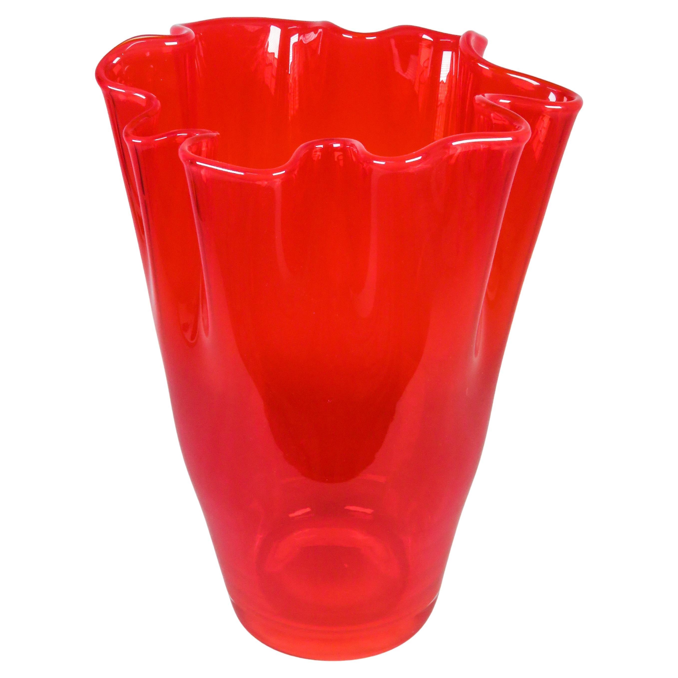 Red glass fazzoletto vase, designed by Fulvio Bianconi for Venin For Sale