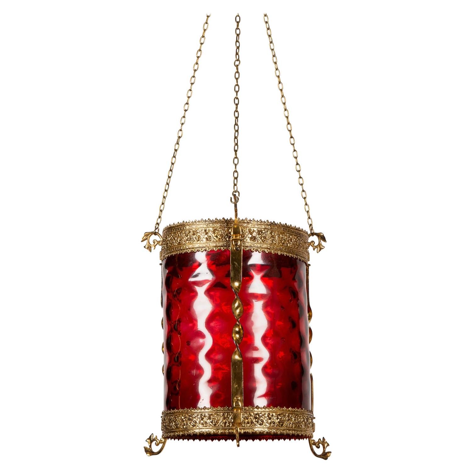 Red Glass and Gilt Bronze Light Shade For Sale