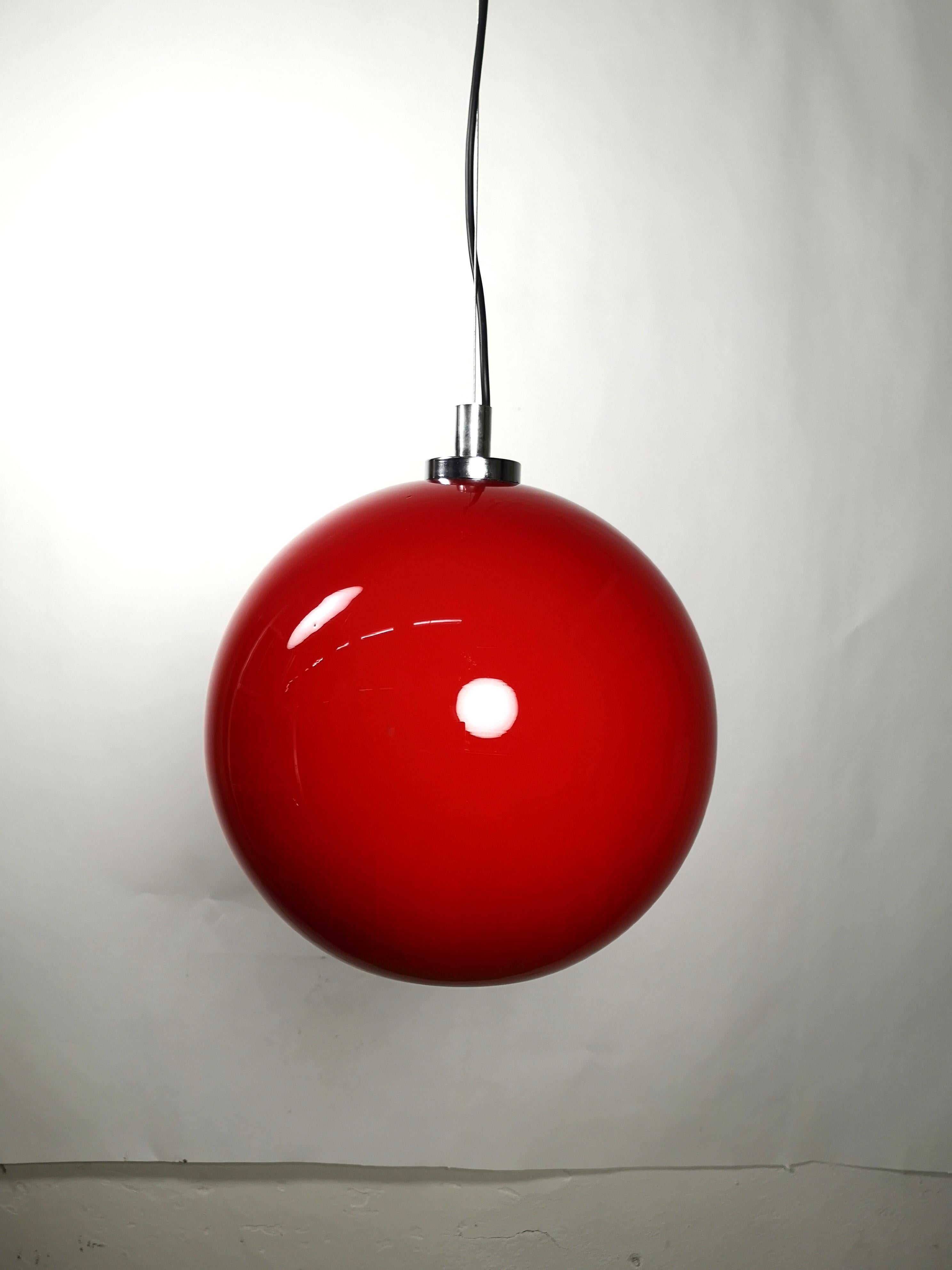 Space Age Red Glass Globe Chandelier, 1970s