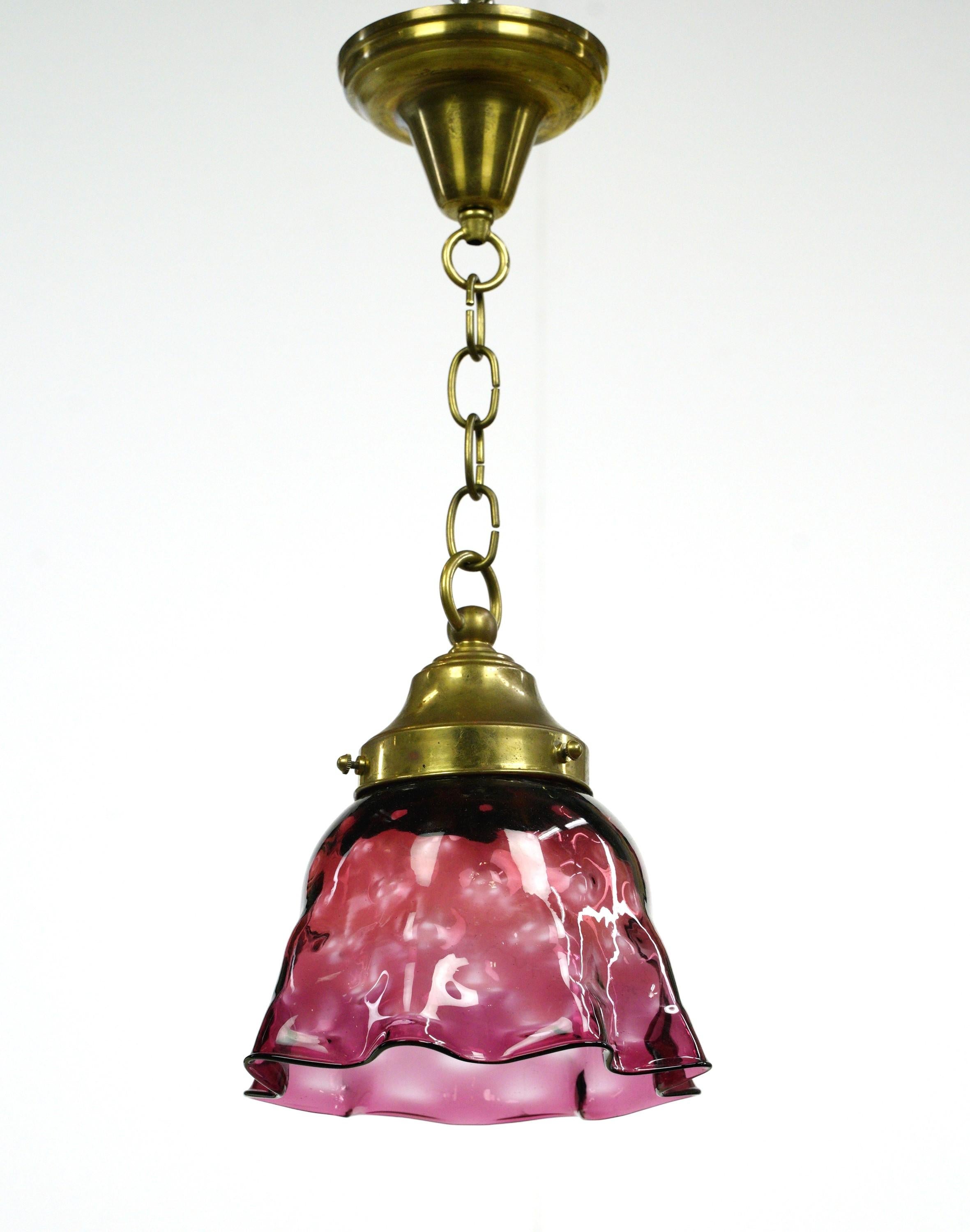 American Red Glass Shade w Brass Chain Pendant Light For Sale