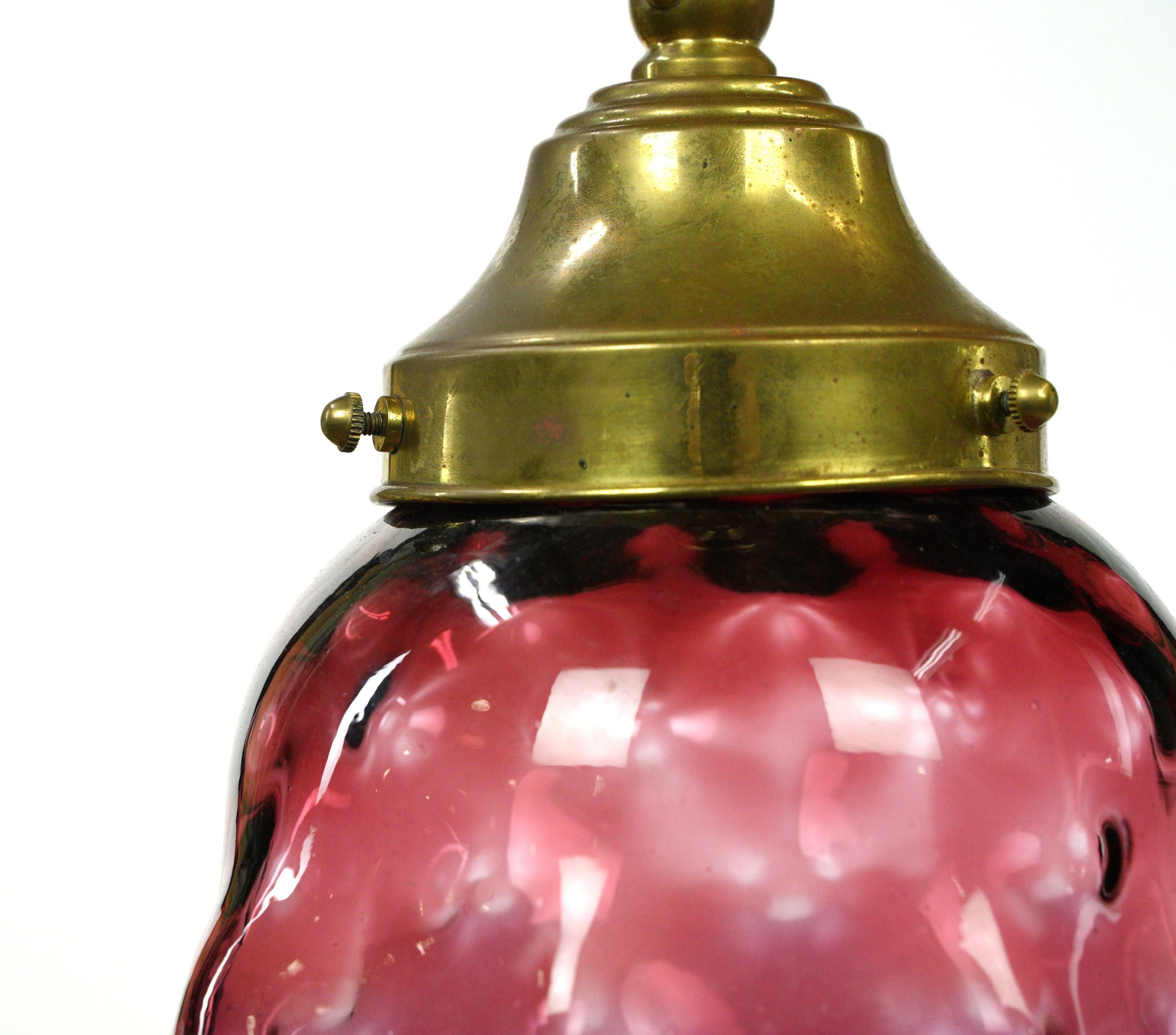 Red Glass Shade w Brass Chain Pendant Light In Good Condition For Sale In New York, NY