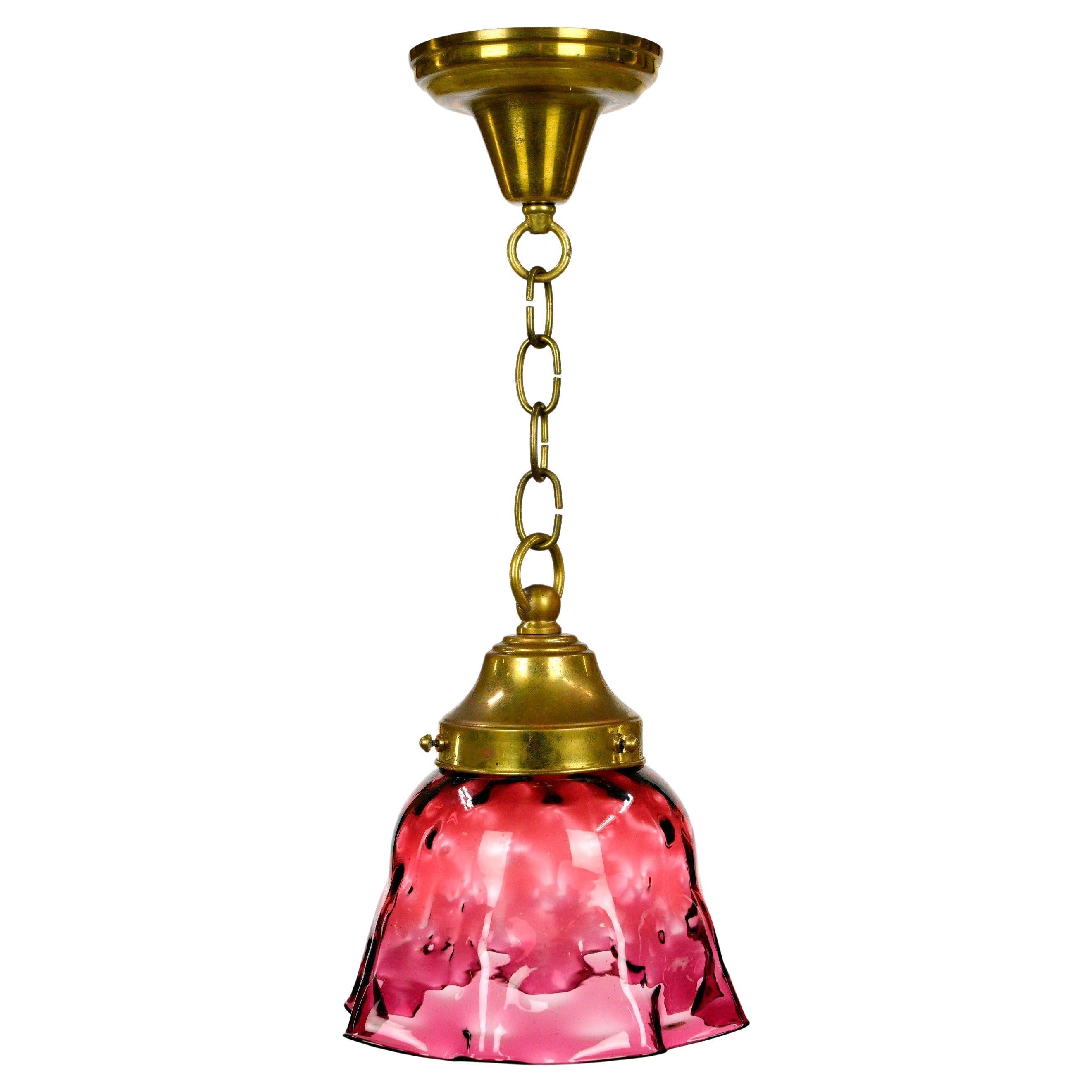Red Glass Shade w Brass Chain Pendant Light For Sale