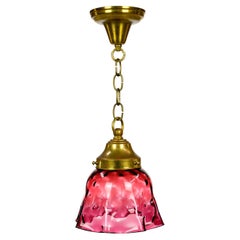 Vintage Red Glass Shade w Brass Chain Pendant Light