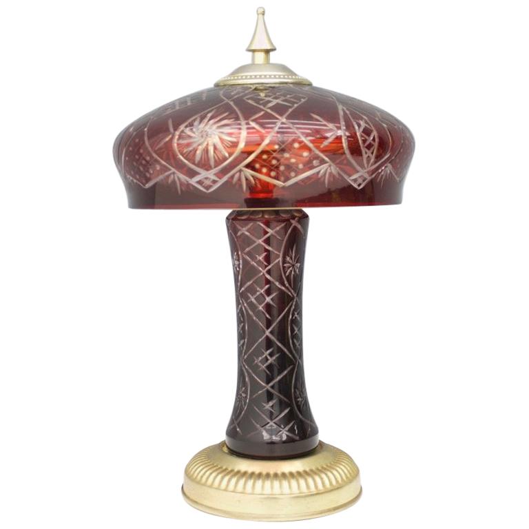 Red Glass Table Lamp with Brass Base, France, 1950s For Sale