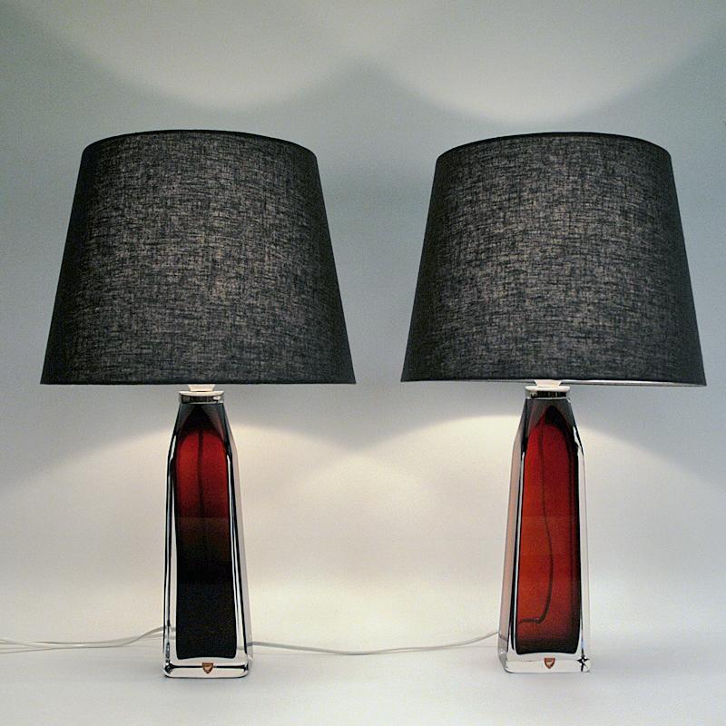 Scandinavian Modern Red Glass Table Lamp Pair by Carl Fagerlund for Orrefors, Sweden 1960s