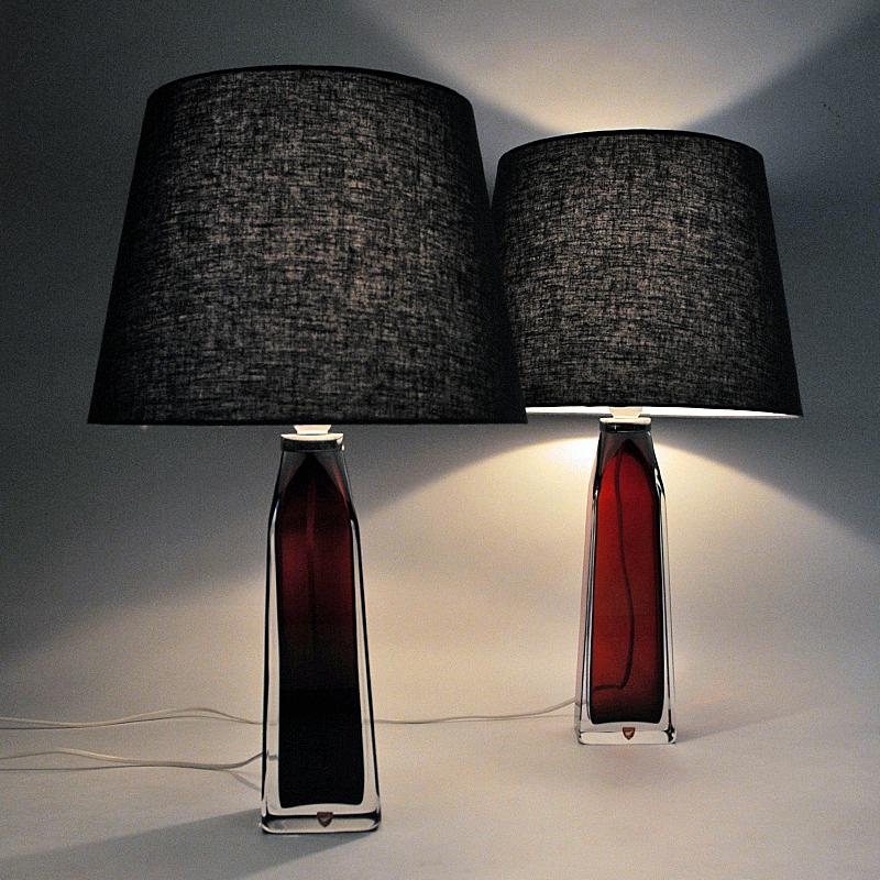 Metal Red Glass Table Lamp Pair by Carl Fagerlund for Orrefors, Sweden 1960s