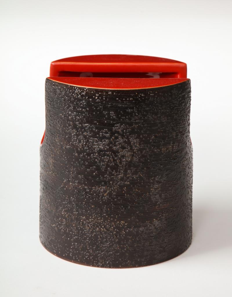 Italian Red Glaze Ceramic Vase with Black Matte Exterior by Bitossi, c. 1960s For Sale