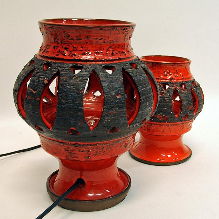 Red Glazed Ceramic Pair of Tablelamps by Nykirka Motala Keramik, Sweden,  1960s For Sale at 1stDibs