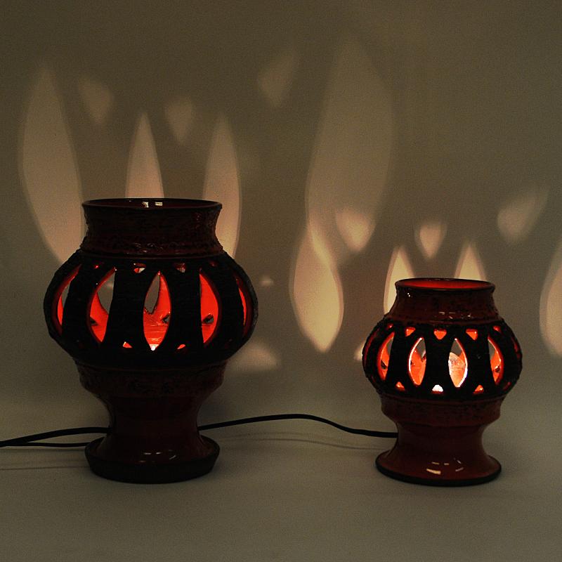 Painted Red Glazed Ceramic Pair of Tablelamps by Nykirka Motala Keramik, Sweden, 1960s For Sale