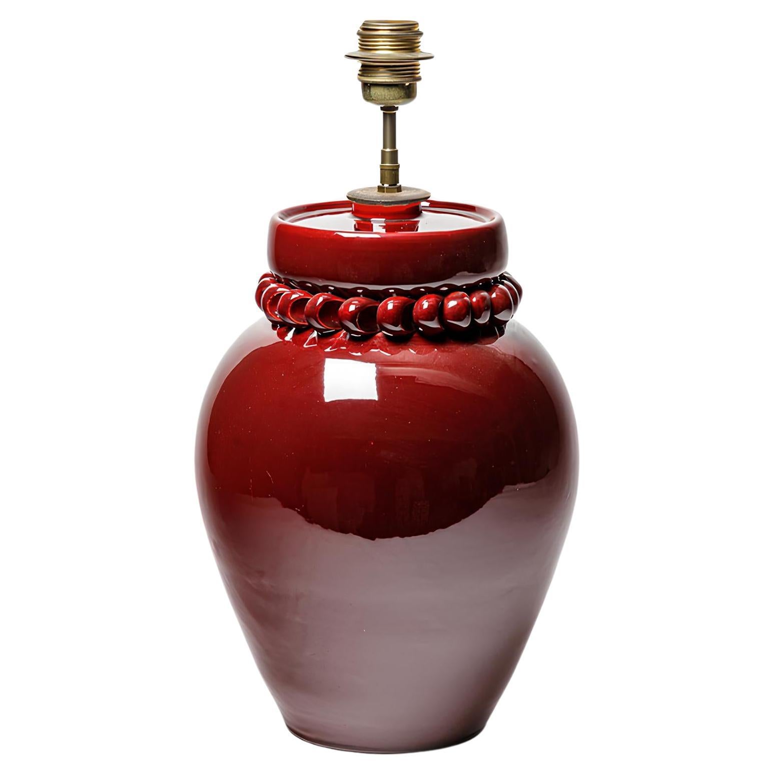  Tischlampe aus rot glasierter Keramik von Pol Chambost, ca. 1930-1950. 