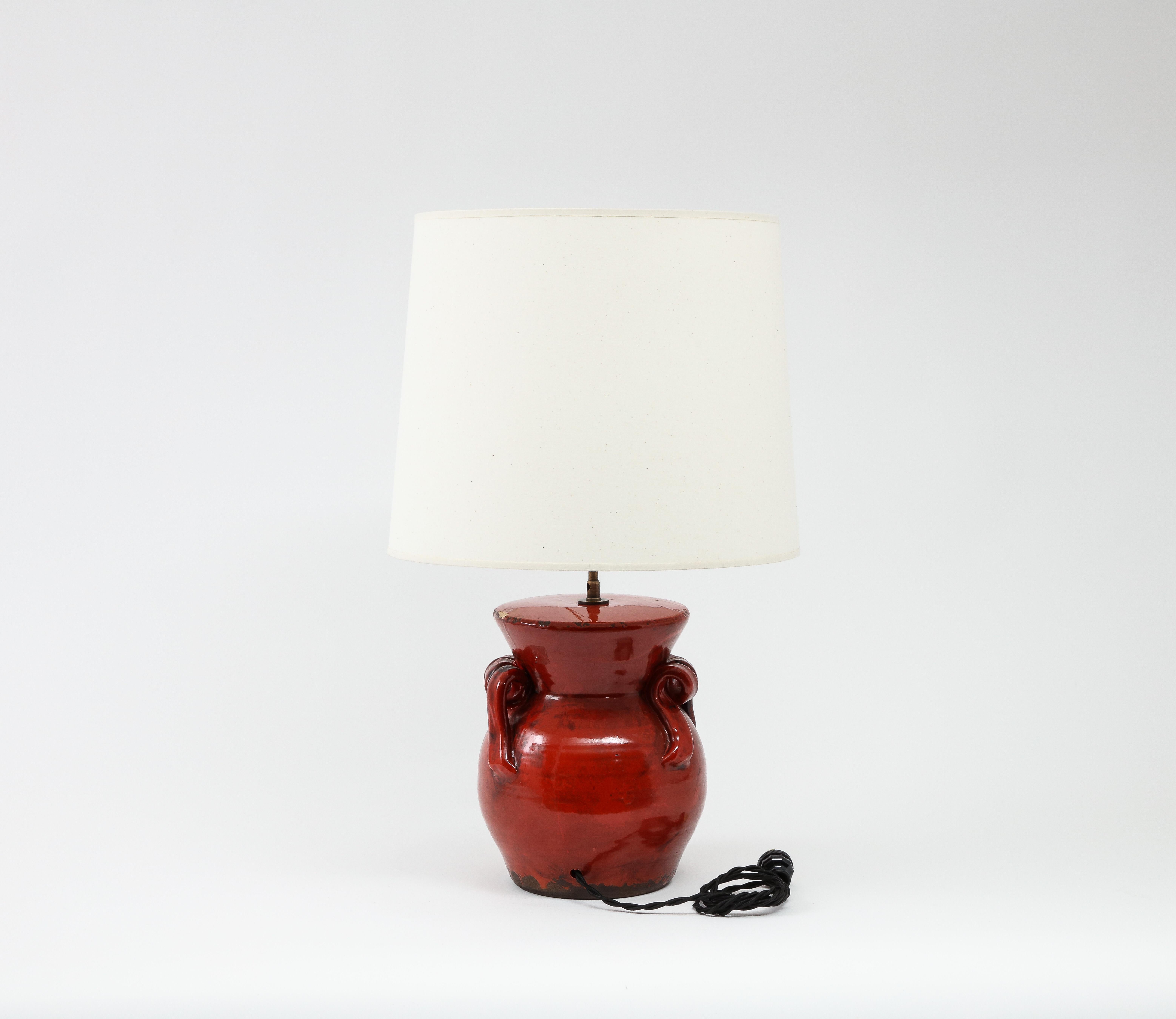 Rustic Deep Red Glazed Ceramic Table Lamp, USA 1960's