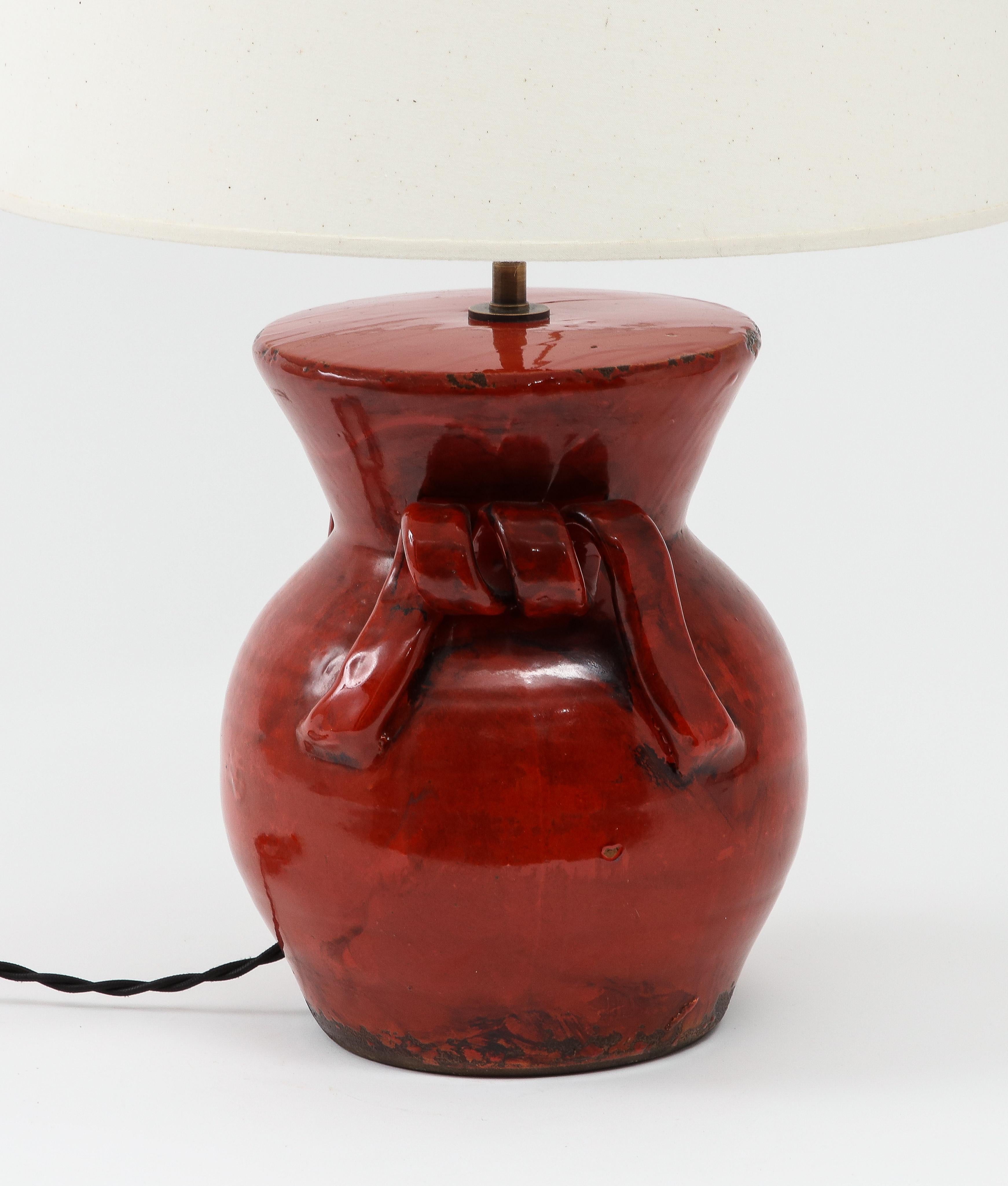 American Deep Red Glazed Ceramic Table Lamp, USA 1960's