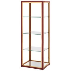 Red Gloss and Brass Etagere with Glass Shelves