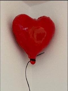Red Glossy ceramic heart balloon sculpture handmade for wall installation