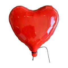 Red Glossy ceramic heart balloon sculpture handmade for wall installation