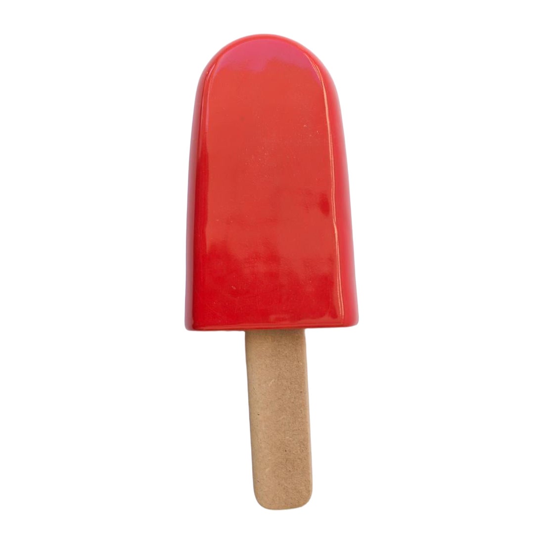 Handmade Red Glossy Ceramic Popsicle Sculpture with Natural Oak Stick, ArtArsouf For Sale