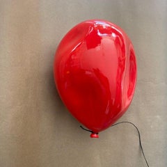 Red glossy deflated ceramic balloon sculpture handmade for wall, ceiling