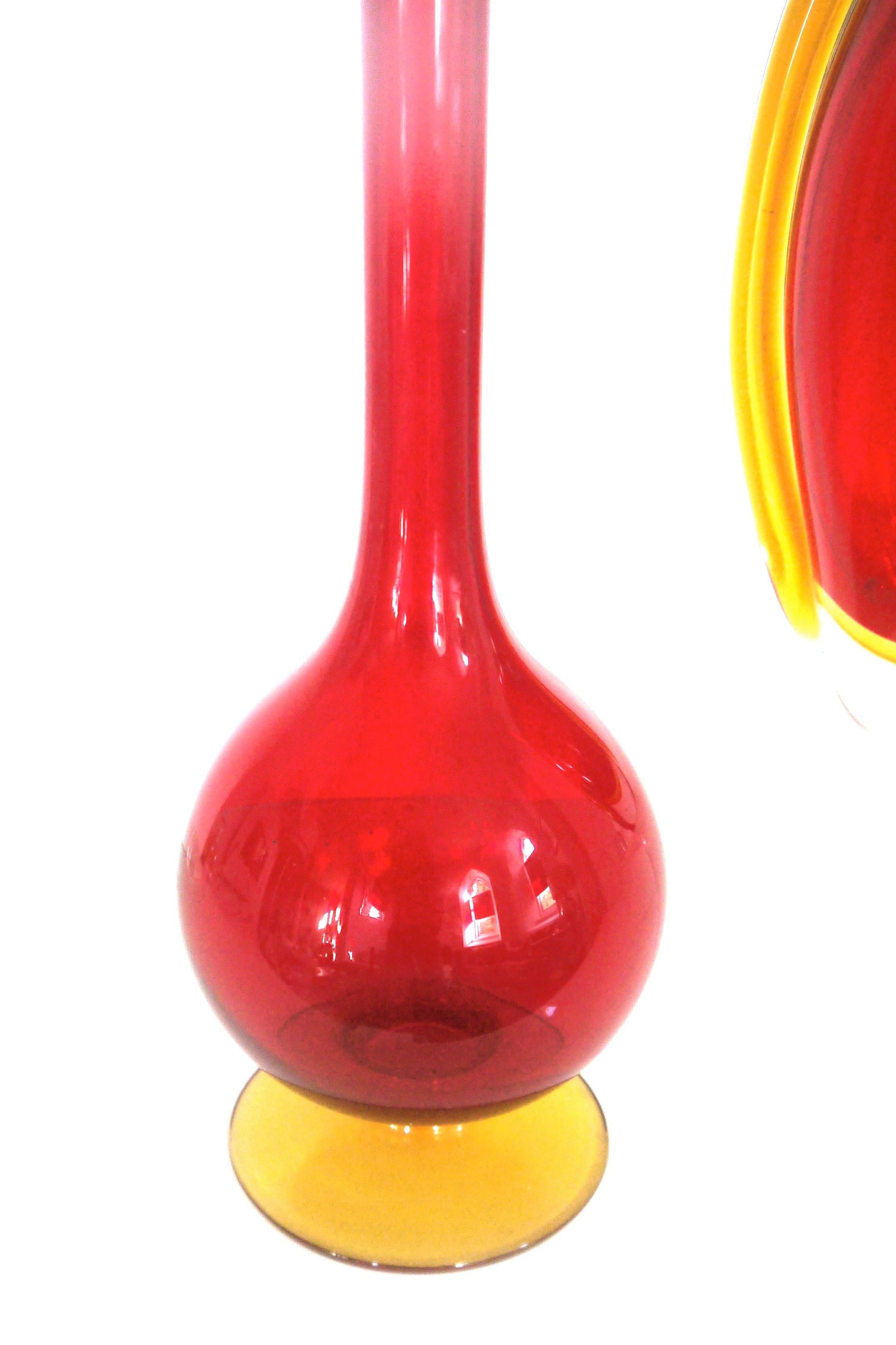 Italian Red Glossy Pencil Vase by Carlo Morretti with Murano Vase Flavio Poli 1960 For Sale
