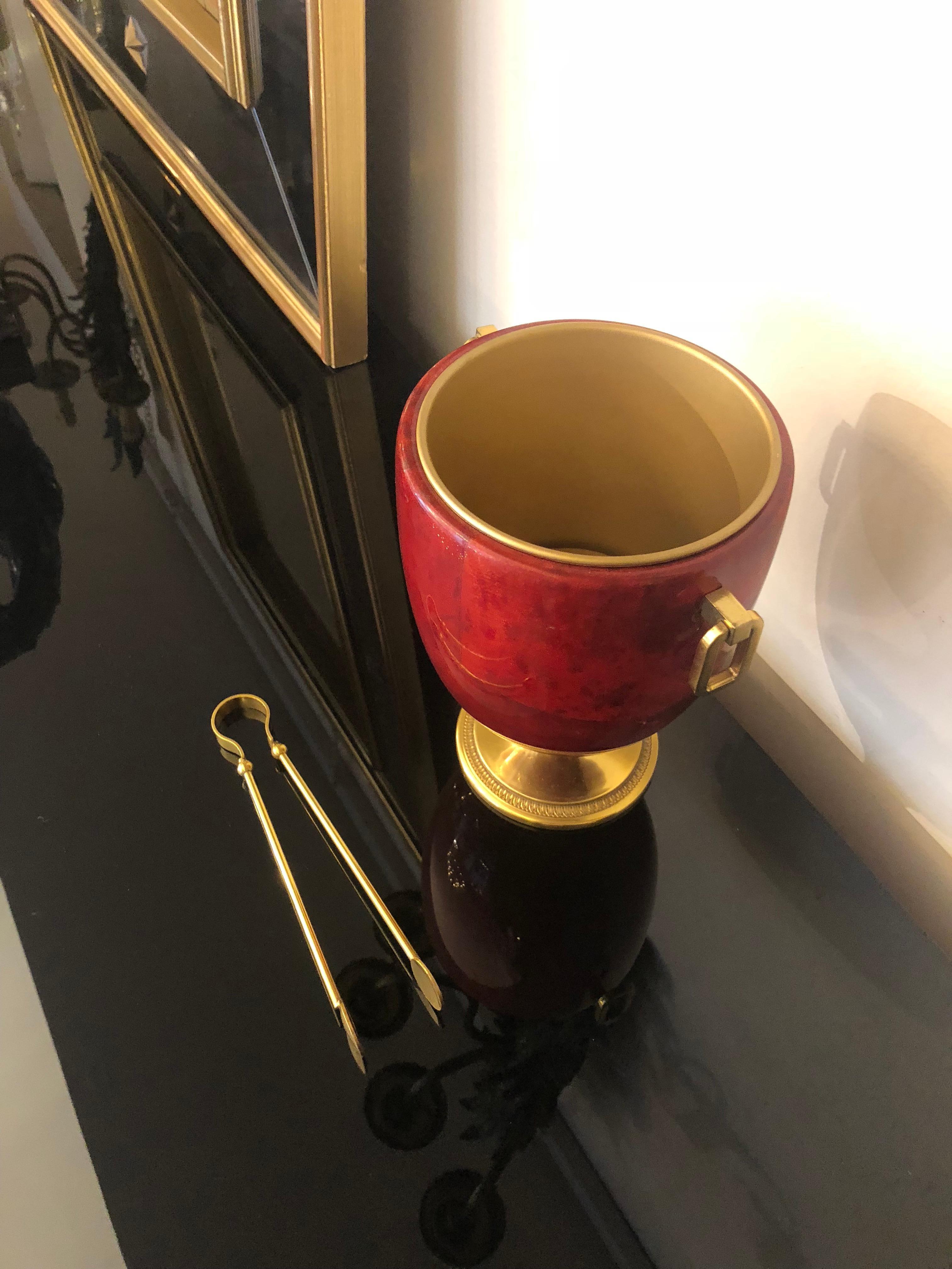 20th Century Red Goatskin and Golden Brass Ice Bucket Attributed to Aldo Tura, Italy, 1970s