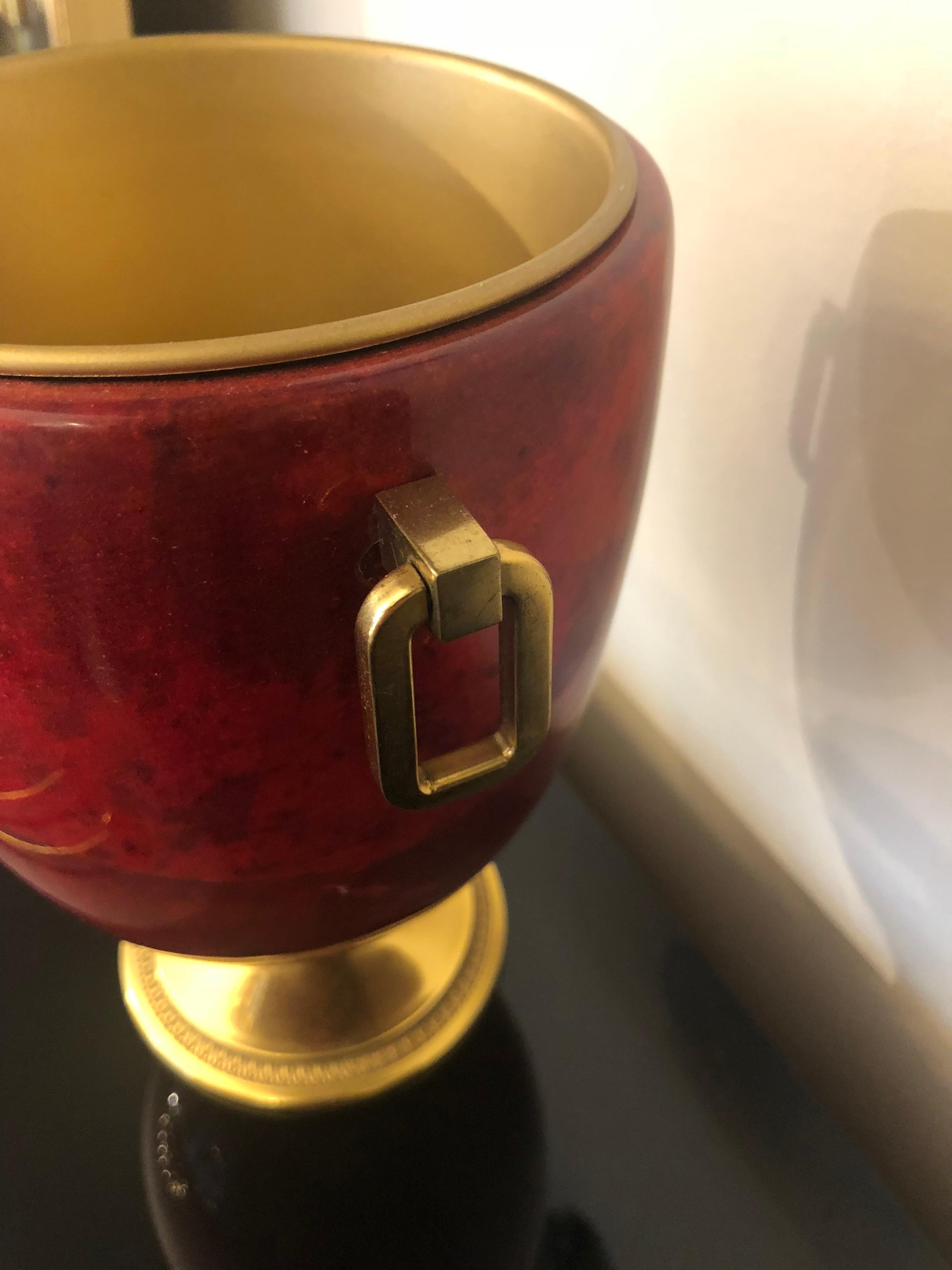 Red Goatskin and Golden Brass Ice Bucket Attributed to Aldo Tura, Italy, 1970s 1