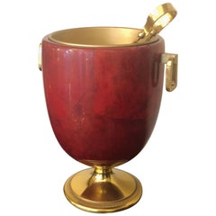 Retro Red Goatskin and Golden Brass Ice Bucket Attributed to Aldo Tura, Italy, 1970s