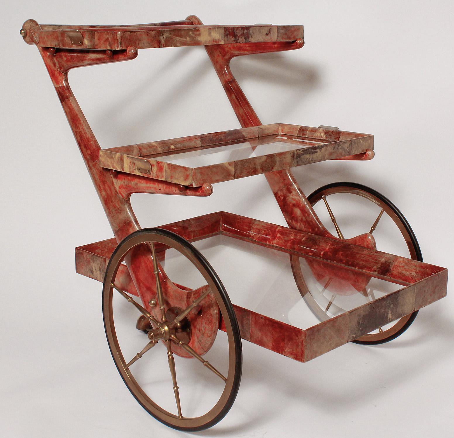 Mid-Century Modern Red Goatskin Bar Cart by Aldo Tura, Circa 1960 For Sale