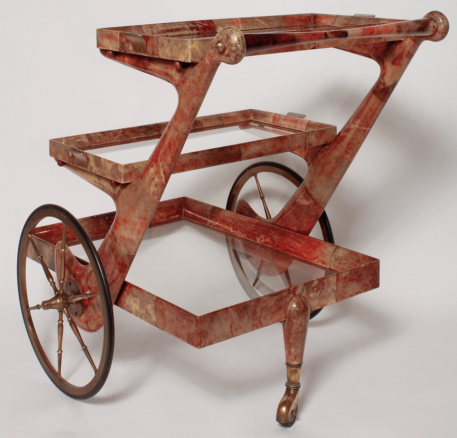 Dyed Red Goatskin Bar Cart by Aldo Tura, Circa 1960 For Sale