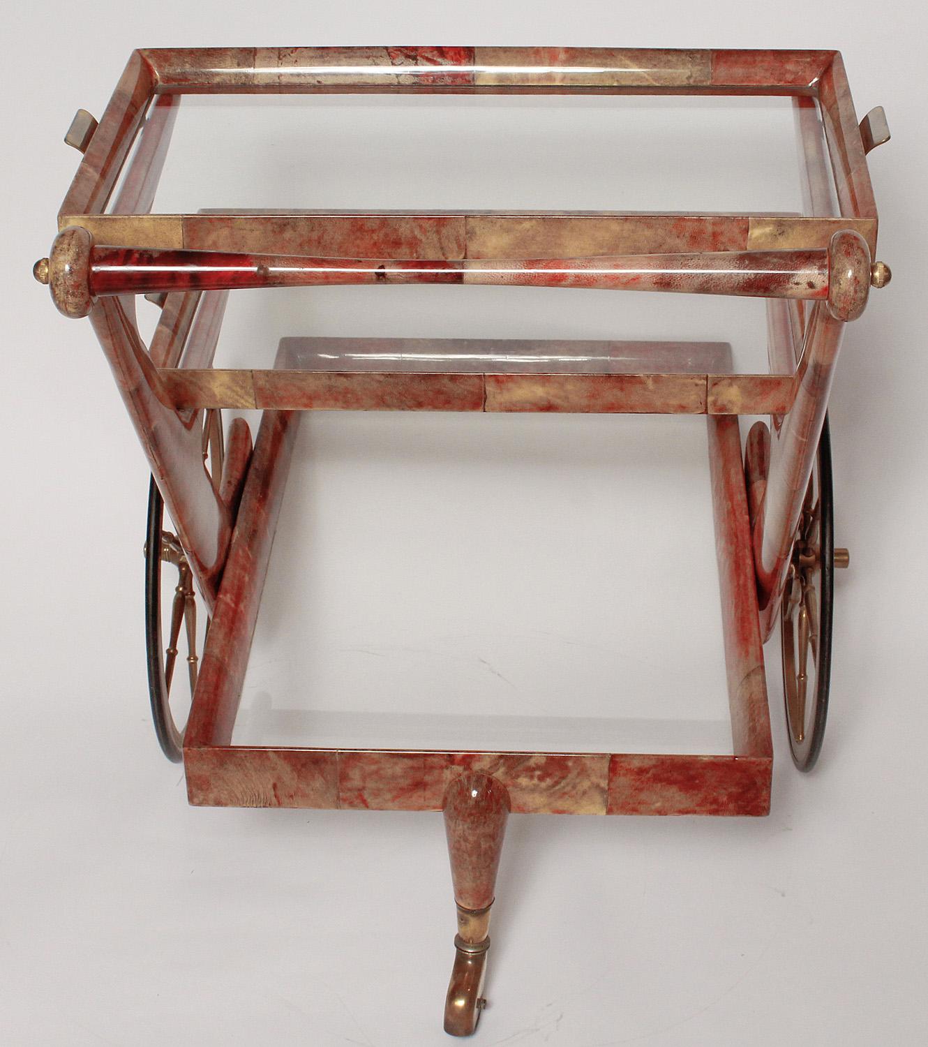 Brass Red Goatskin Bar Cart by Aldo Tura, Circa 1960 For Sale