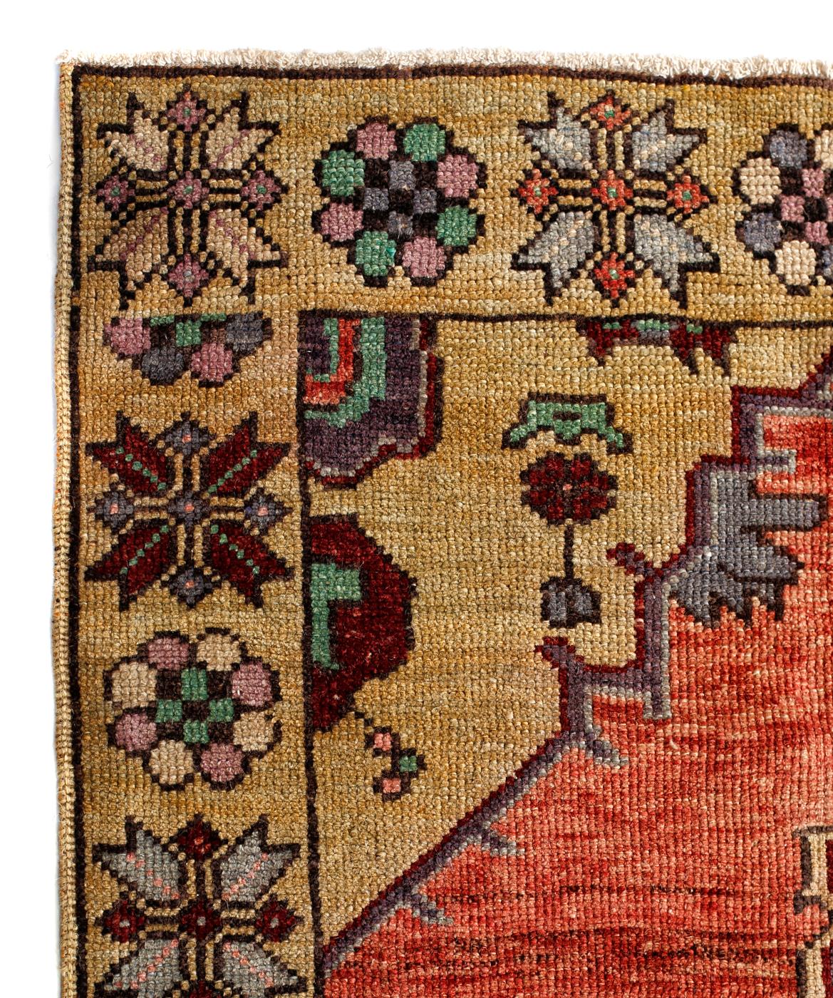 Oushak Red, Gold and Purple Handmade Wool Turkish Old Anatolian Konya Distressed Rug For Sale