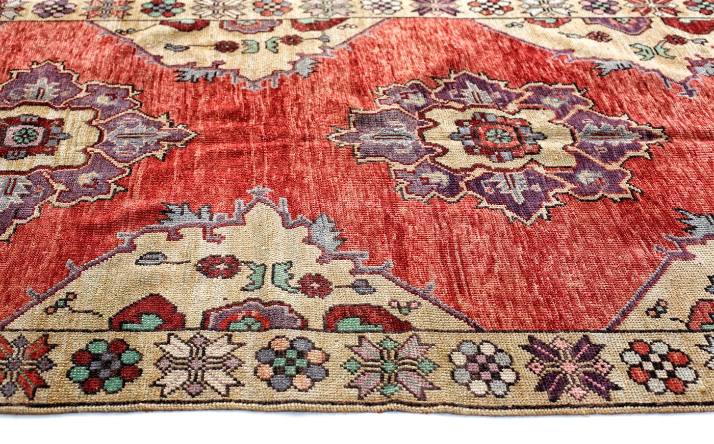 Hand-Knotted Red, Gold and Purple Handmade Wool Turkish Old Anatolian Konya Distressed Rug For Sale