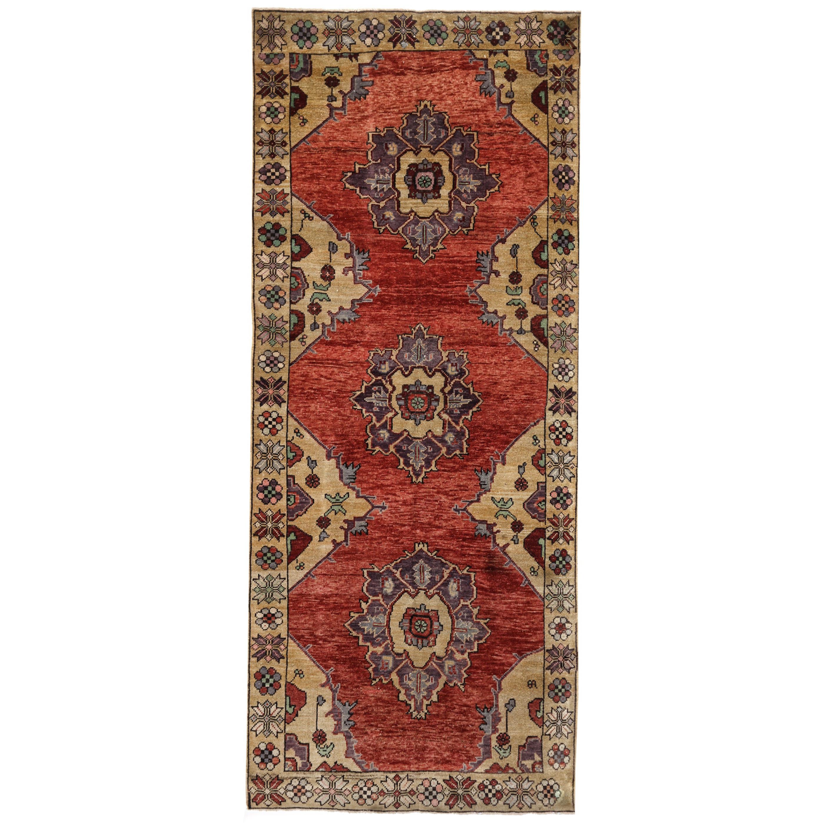 Red, Gold and Purple Handmade Wool Turkish Old Anatolian Konya Distressed Rug For Sale