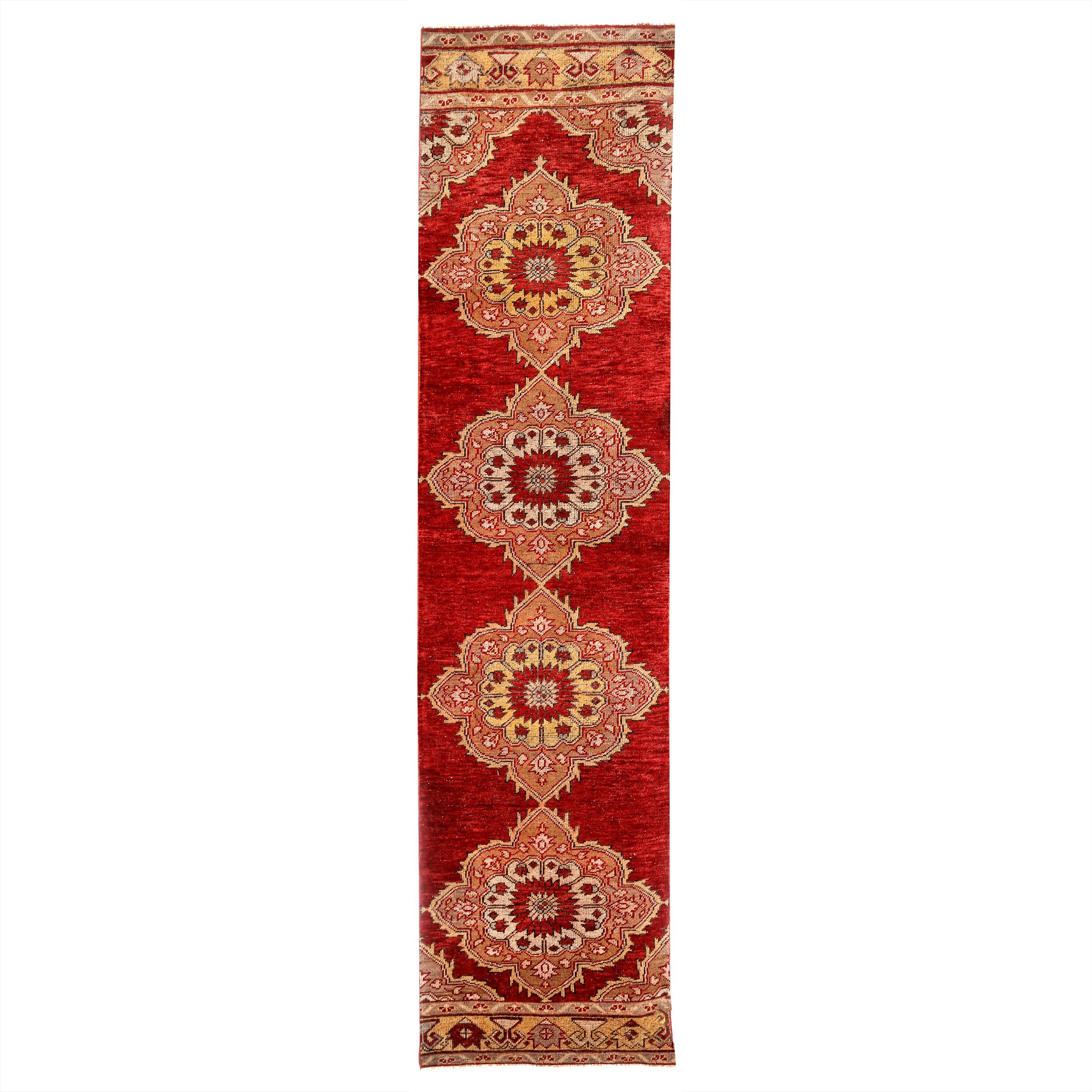 Red, Gold and Rust Handmade Wool Turkish Old Anatolian Konya Distressed Rug For Sale
