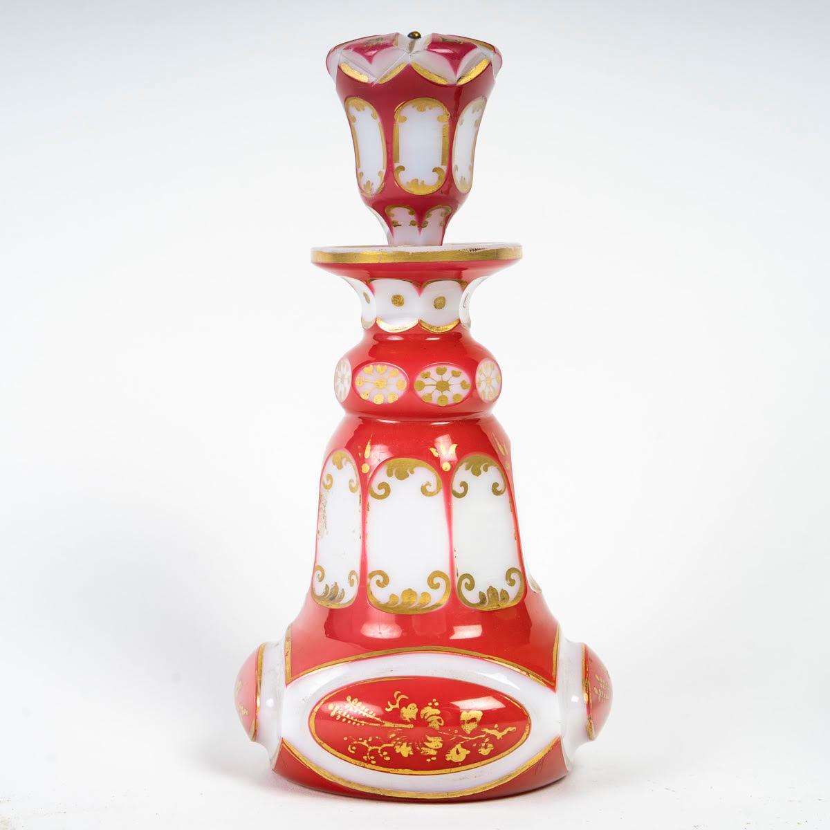 French Red, Gold and White Opaline Overlay Bottle, 19th Century, Napoleon III Period. For Sale